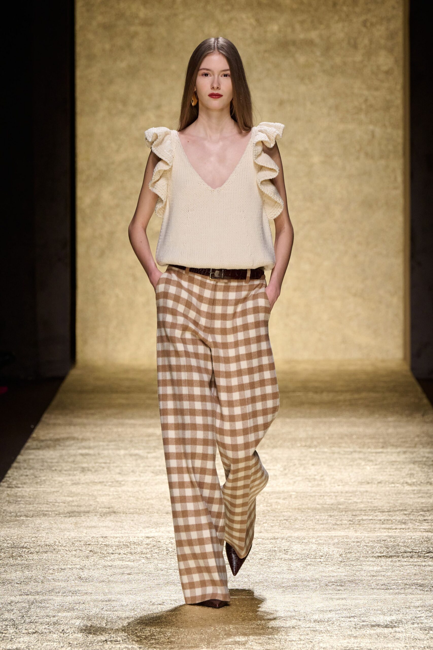 beige ruffled top brown checked pants