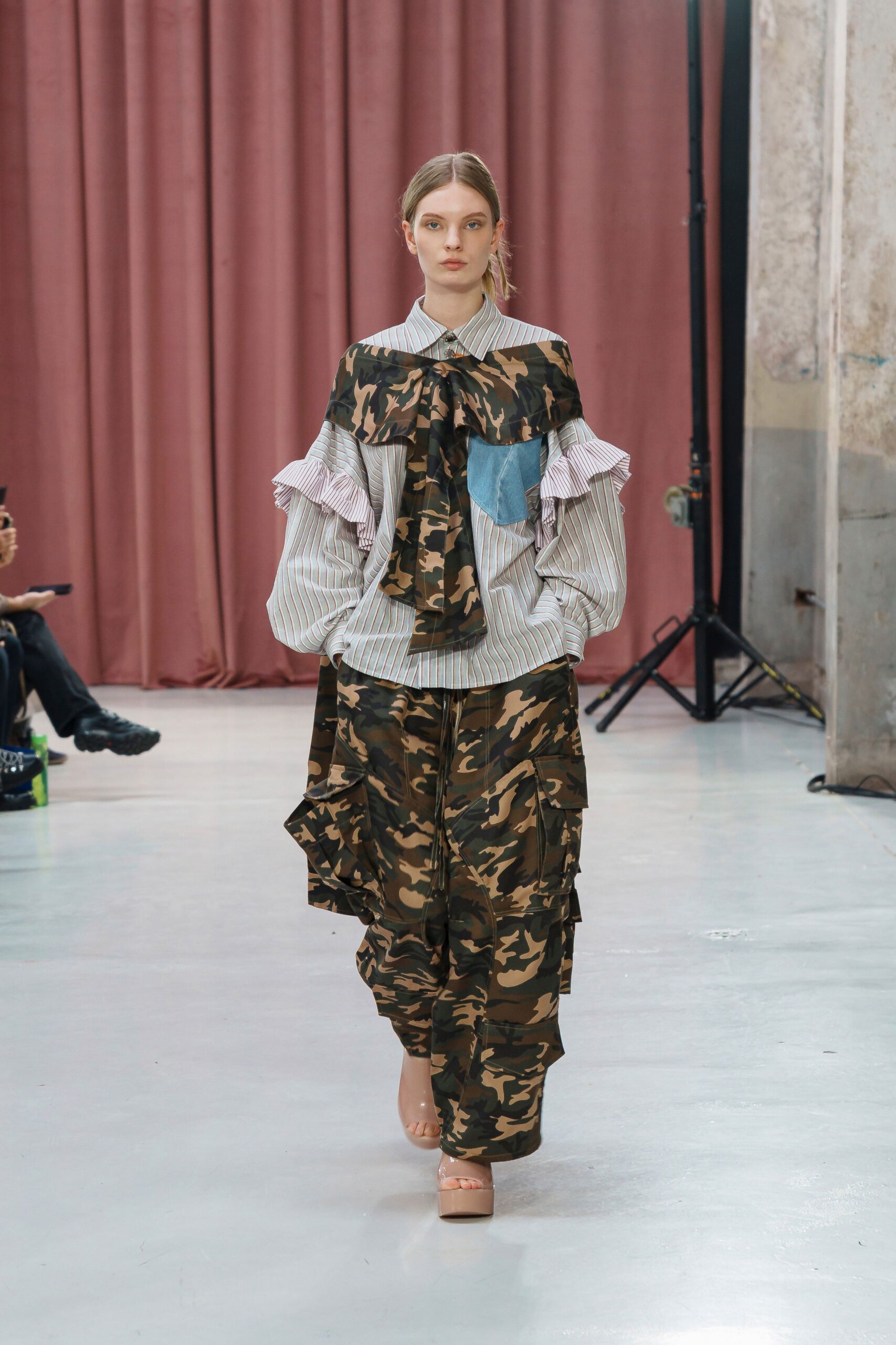 camouflage pants and ruffled top