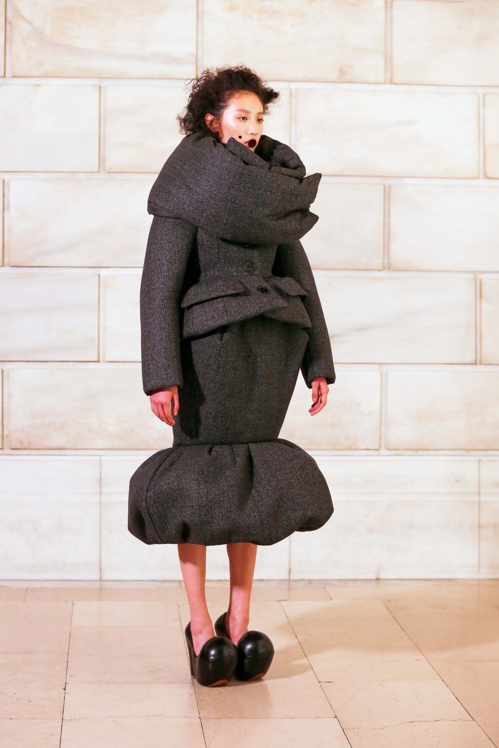 gray wool long-sleeve collared fitted buttoned pleated dress