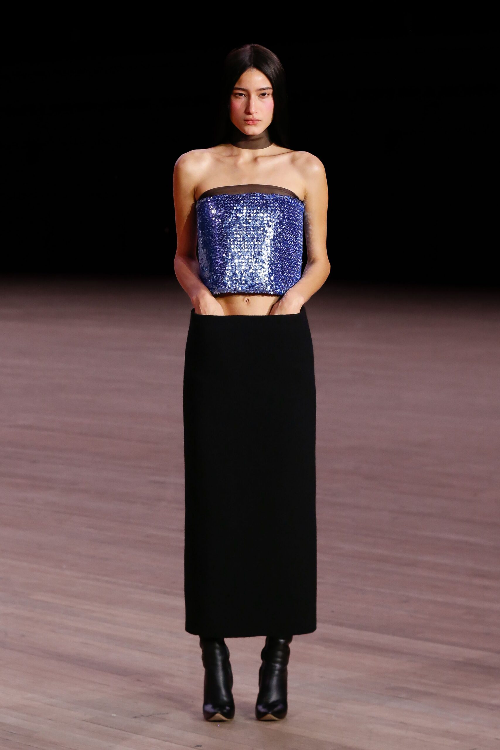 blue sequin top black midi skirt