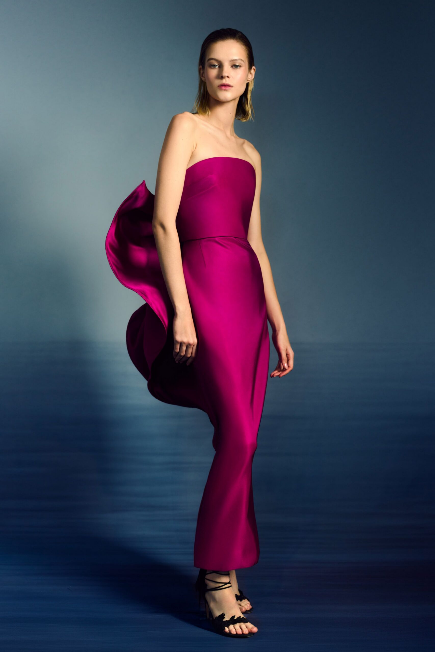 pink silk strapless fitted draped flowing maxi gown