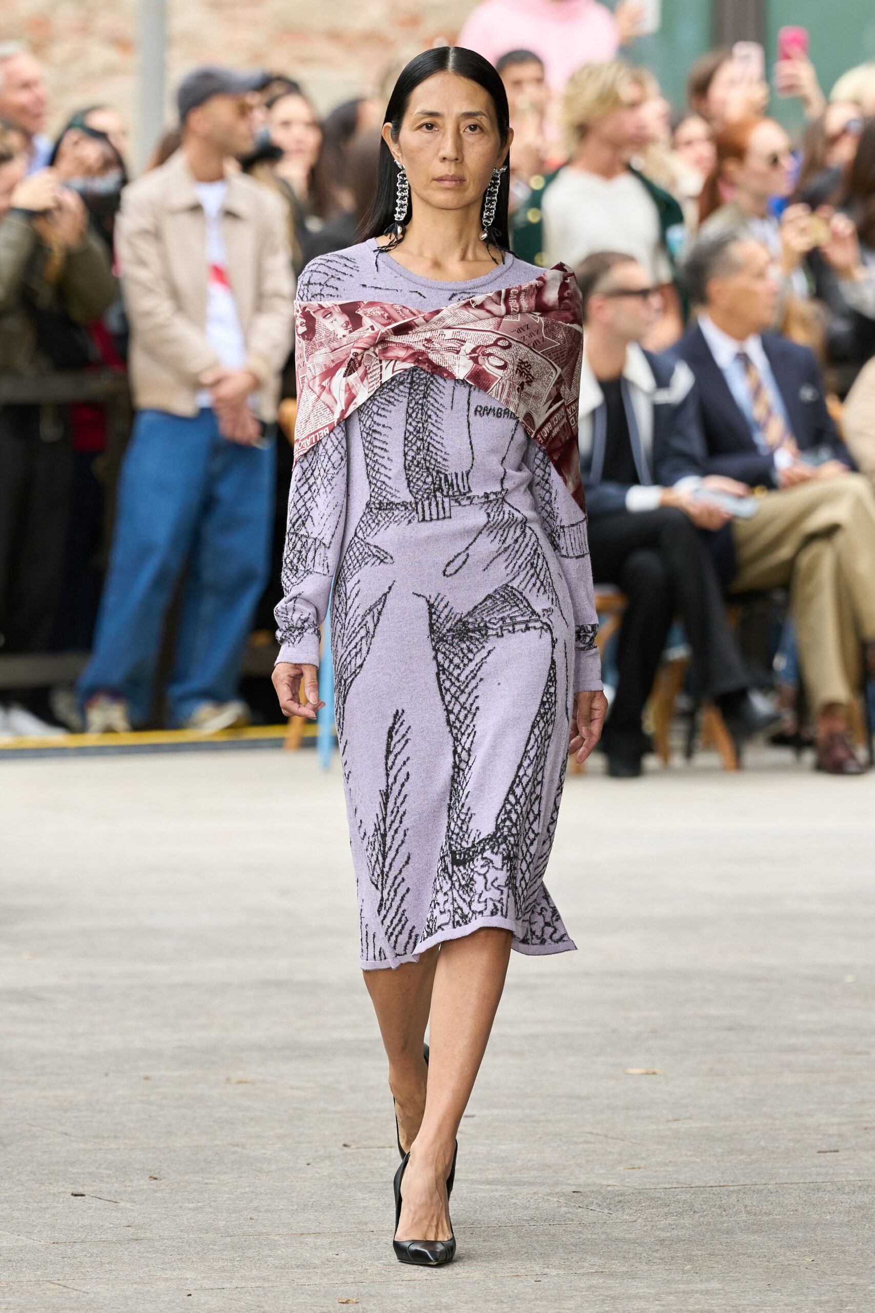 purple printed midi dress