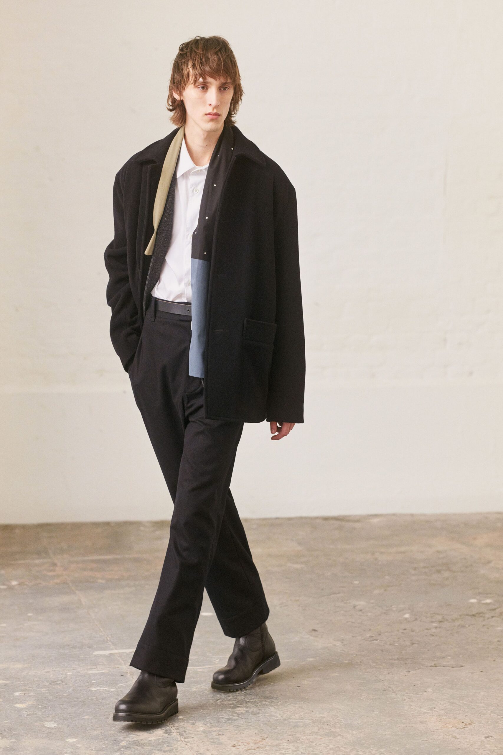 black wool jacket white shirt tailored pants