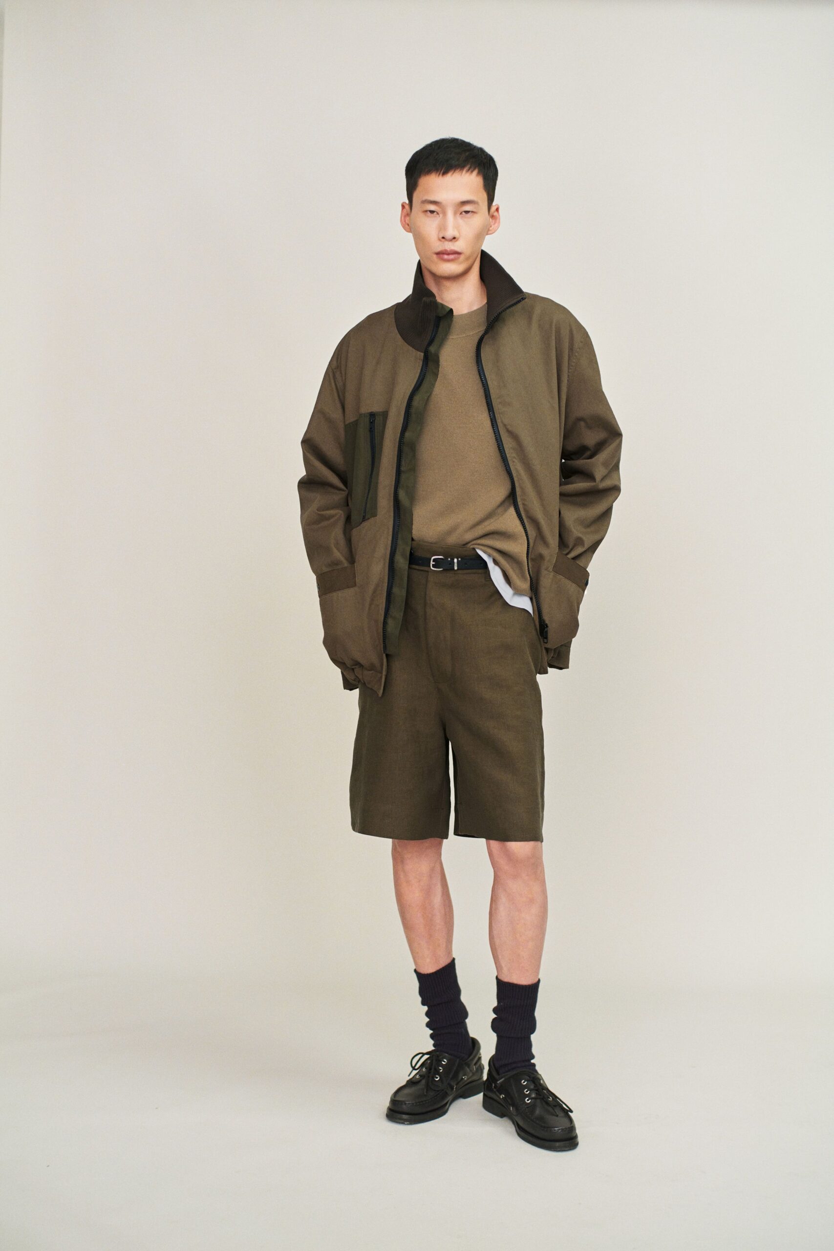 brown relaxed jacket with beige t-shirt