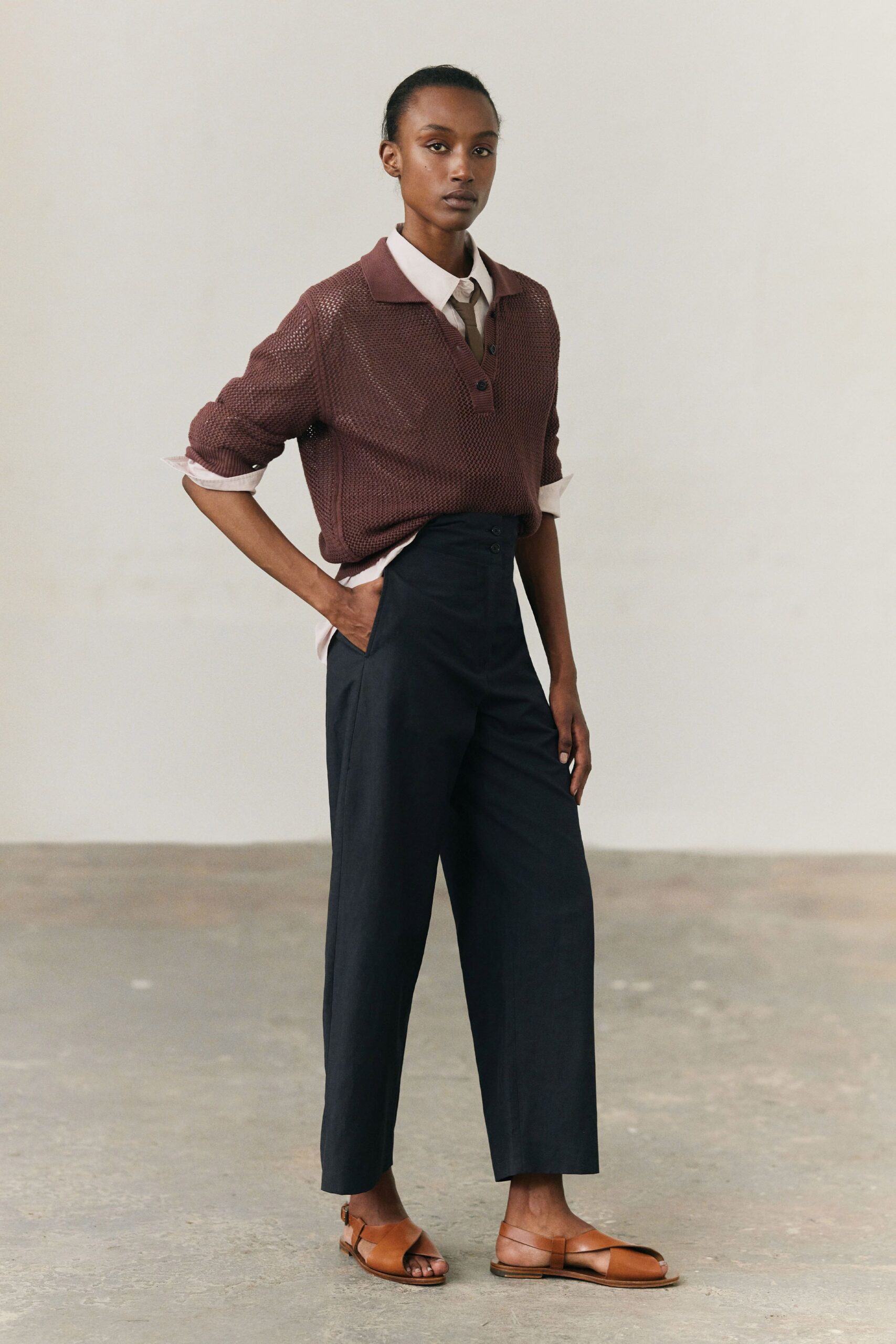brown cotton long-sleeve collared relaxed textured top