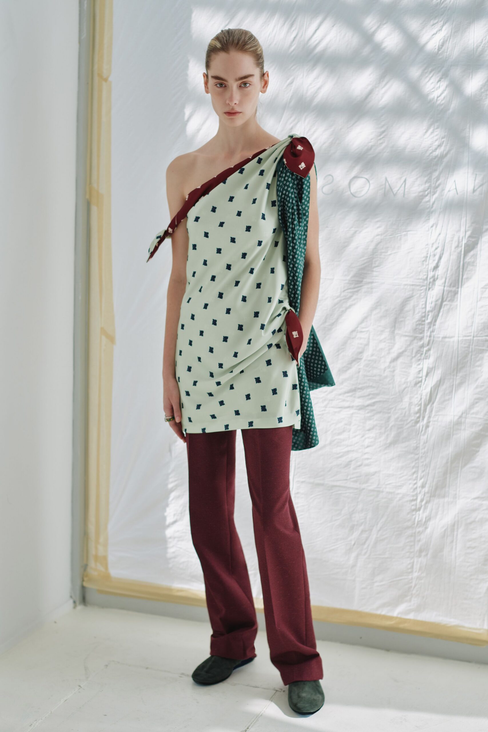 green cotton sleeveless asymmetric fitted printed draped top