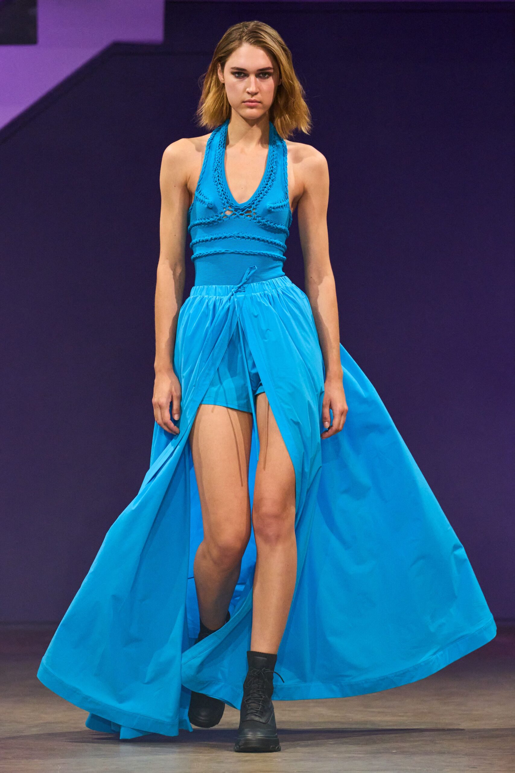 blue cotton sleeveless v-neck fitted layered pleated dress