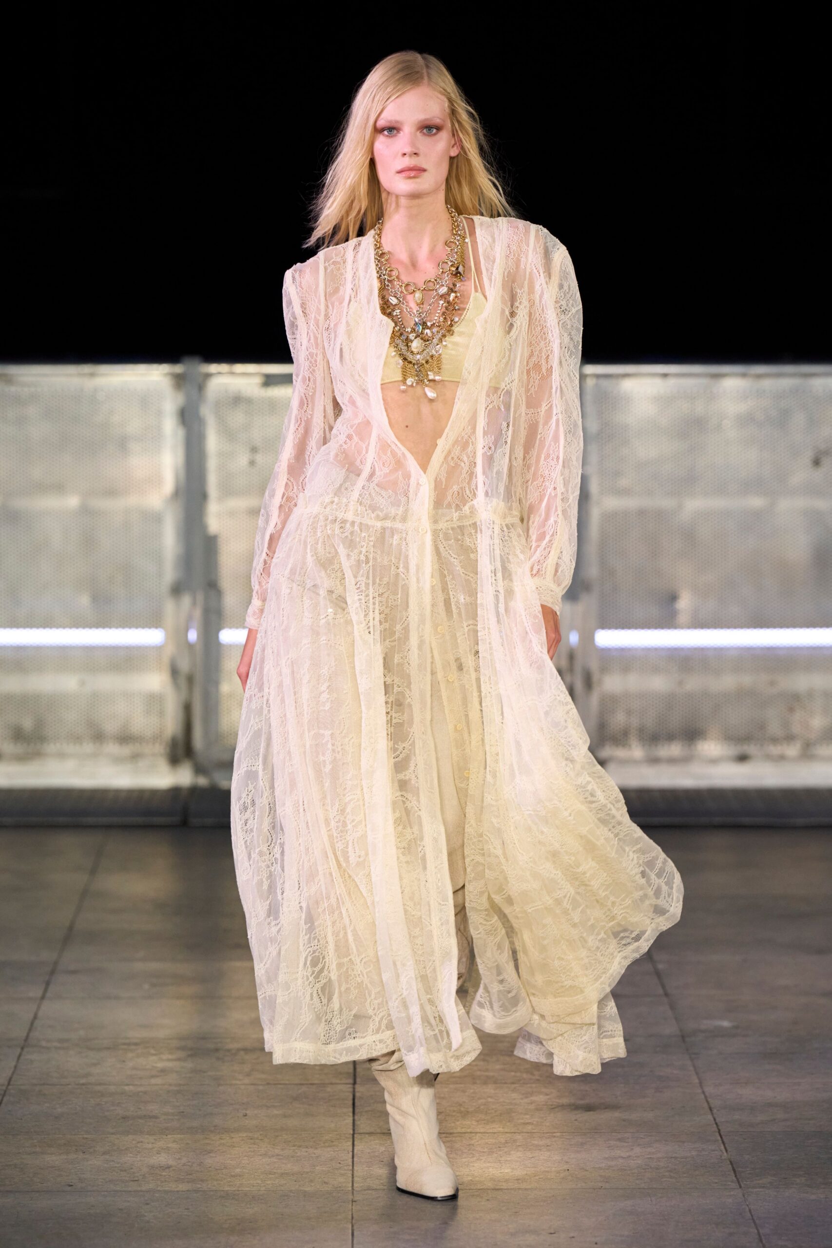 ivory chiffon long-sleeve v-neck fitted pleated layered gown
