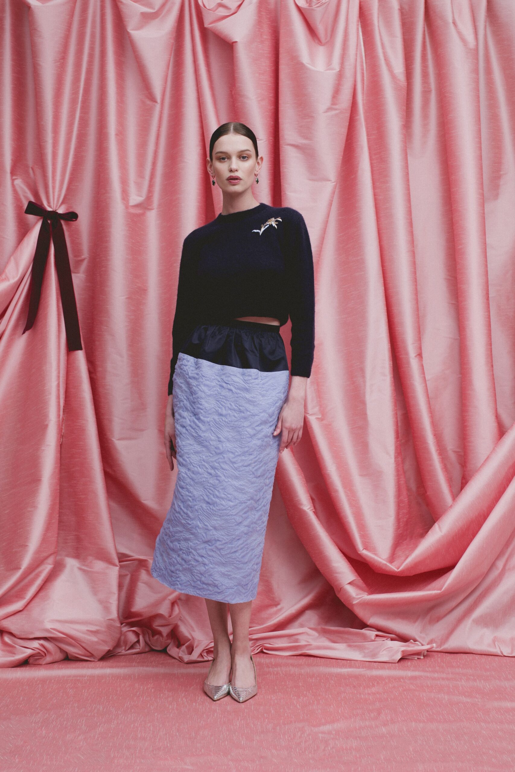 blue cotton fitted textured midi skirt
