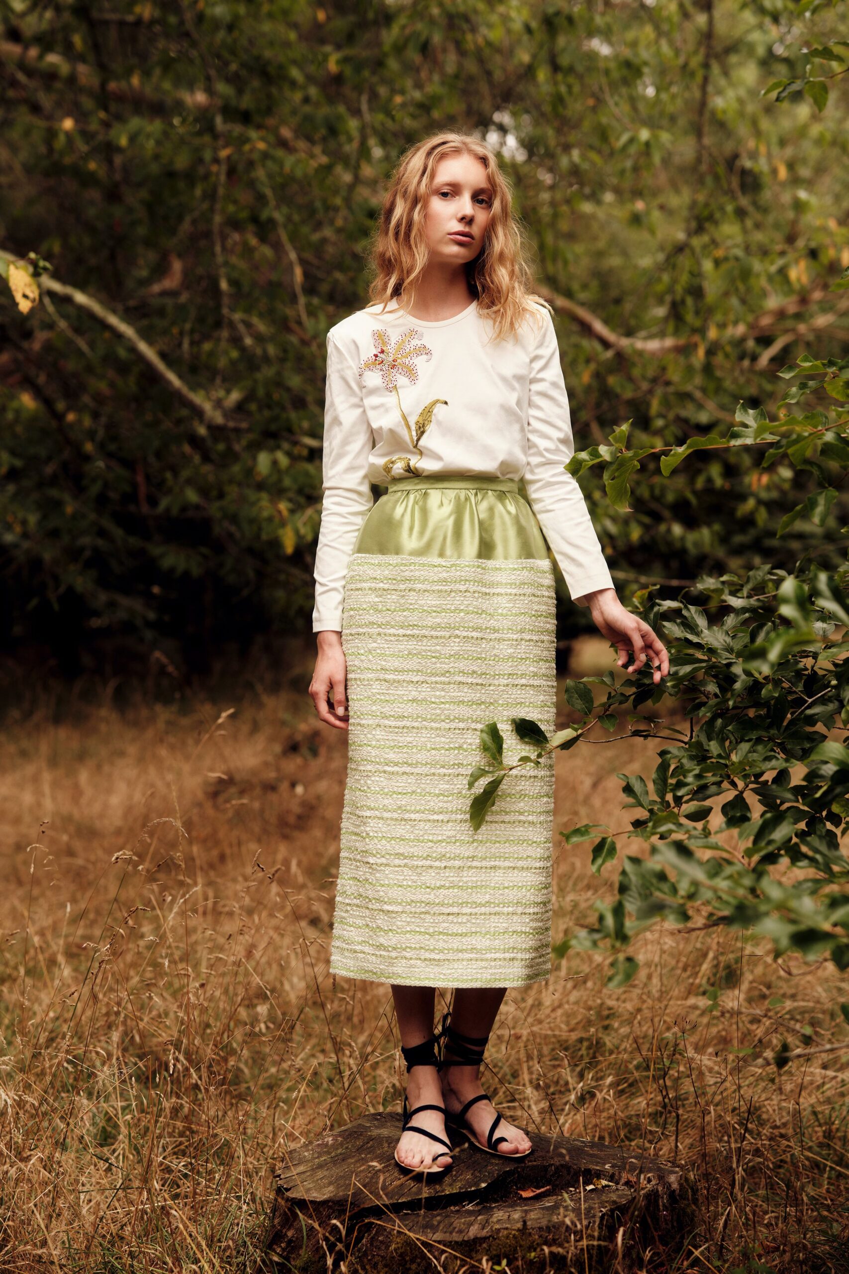 white embroidered top green midi skirt