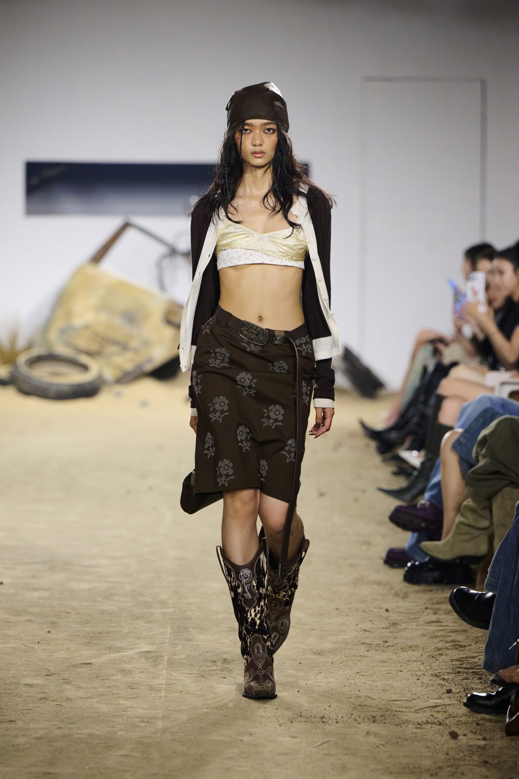 brown cotton fitted flared skirt