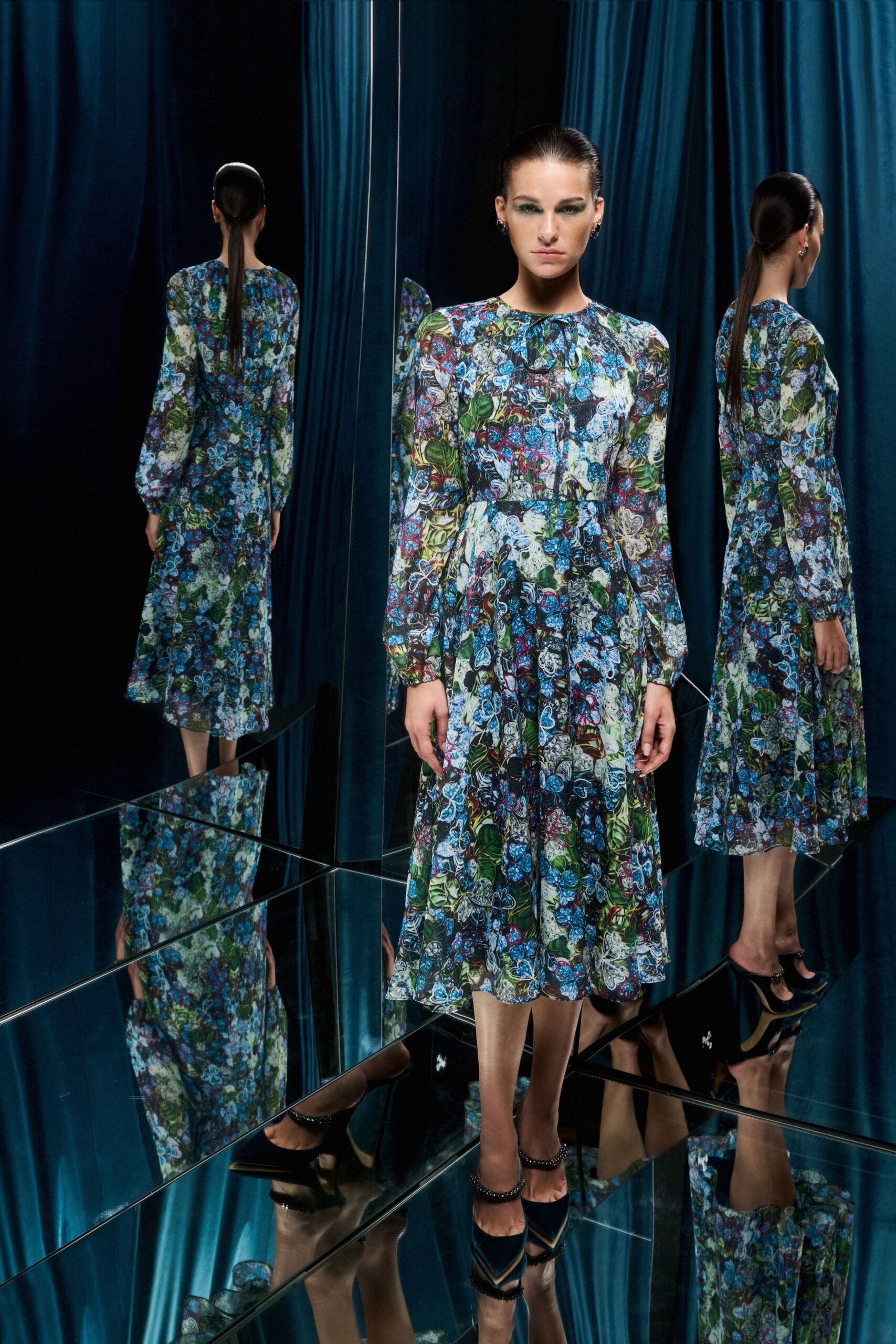 blue silk long-sleeve collared fitted floral pleated dress