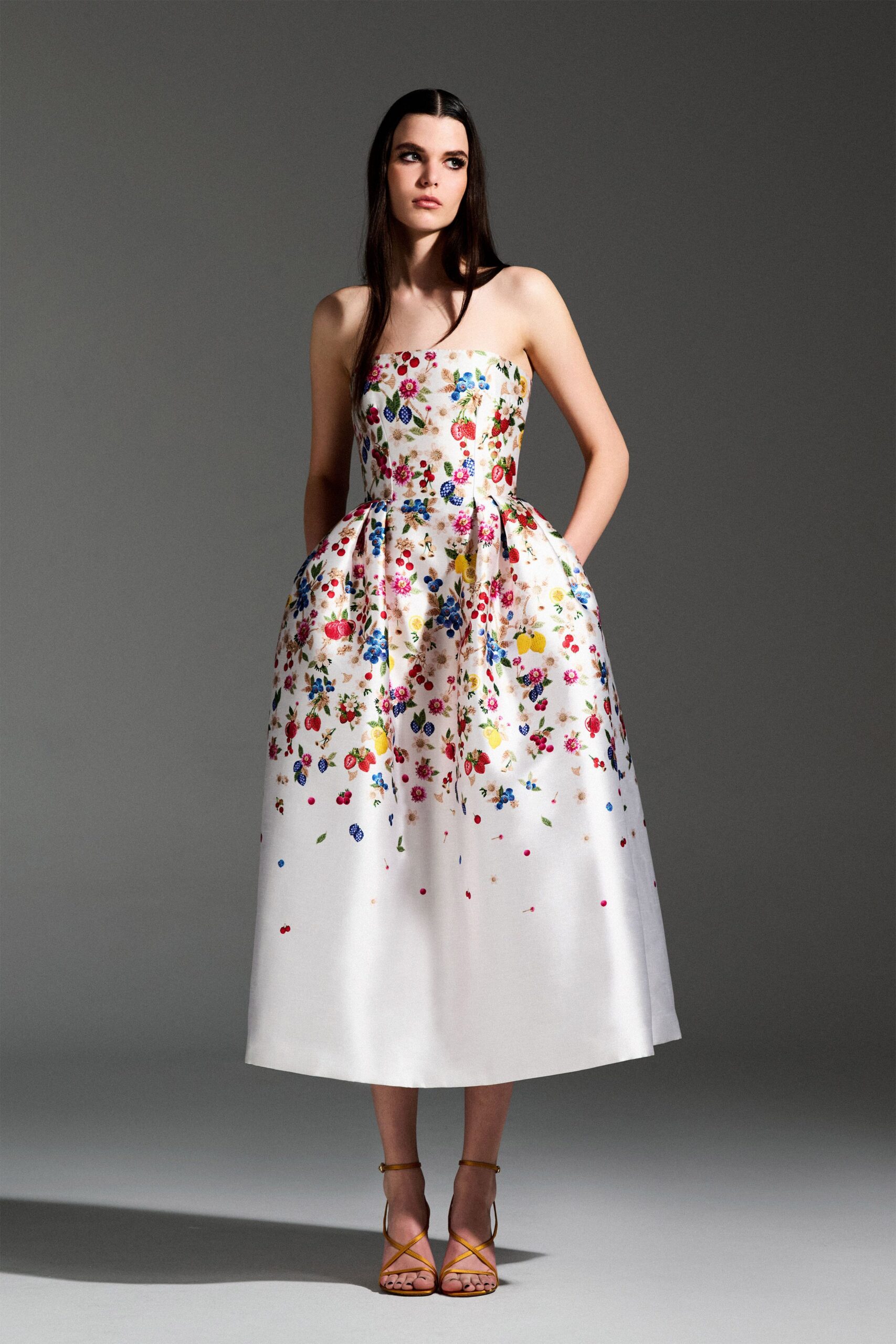 white silk strapless fitted floral pleated midi dress