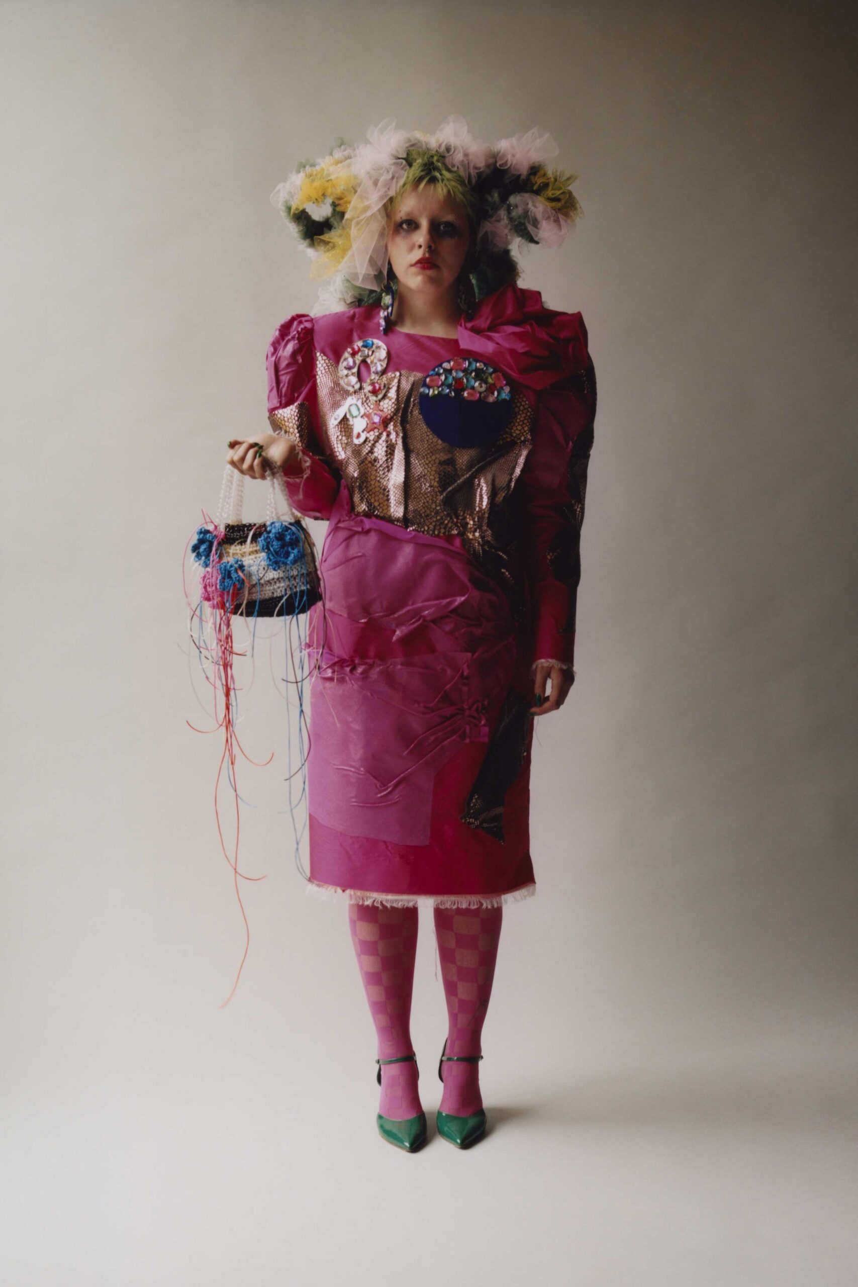pink silk long-sleeve fitted ruffled embroidered midi dress