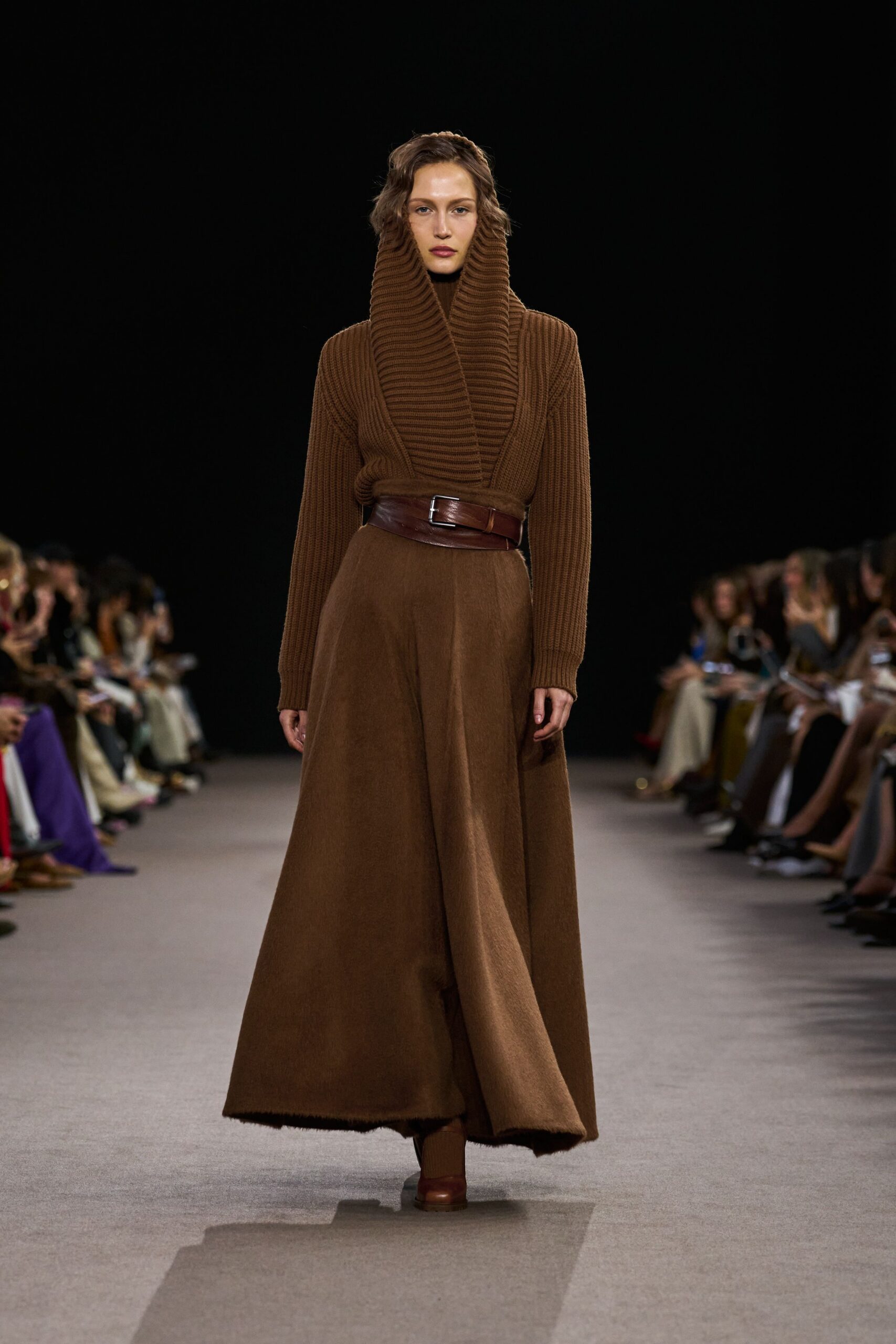 brown wool relaxed flared maxi skirt