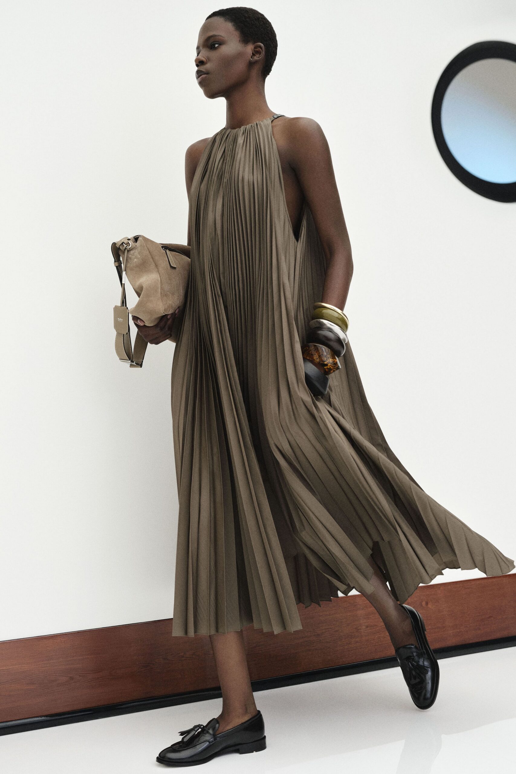 brown silk sleeveless high-neck relaxed pleated flowing dress