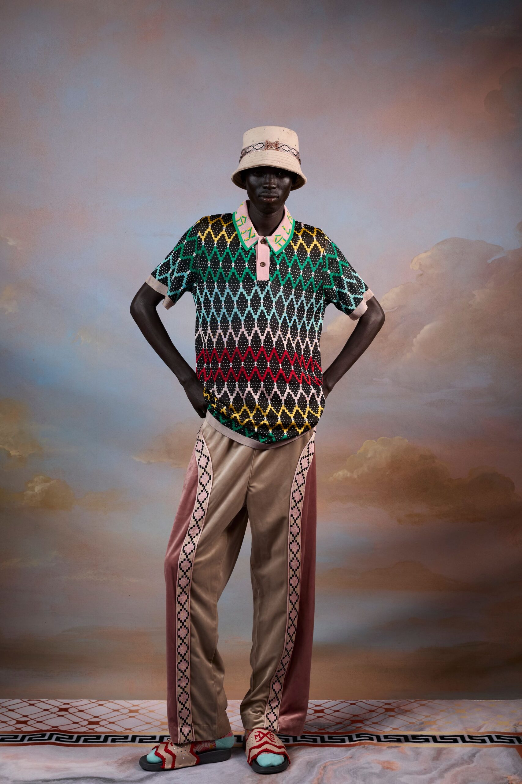 colorful printed shirt and relaxed pants