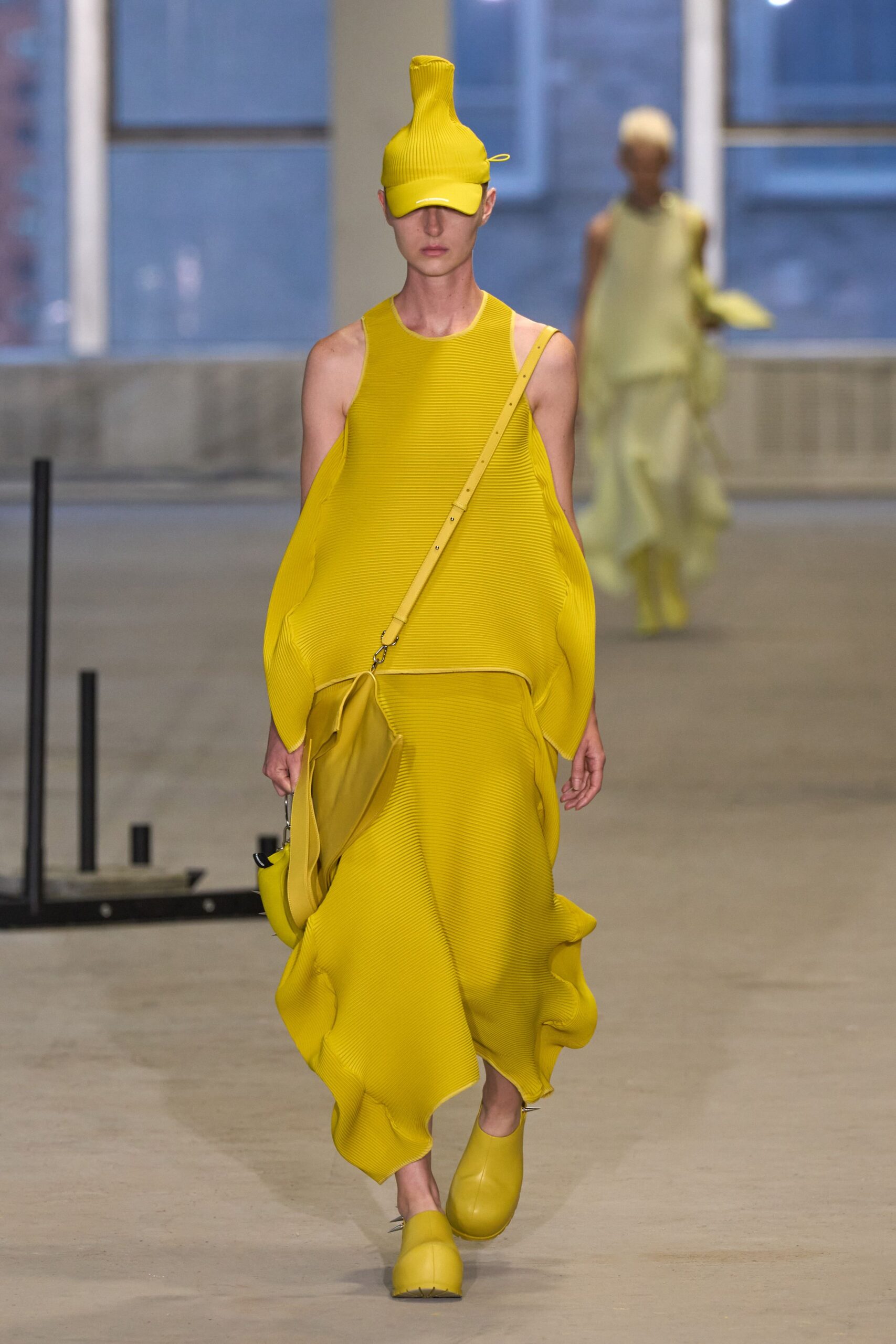 yellow cotton sleeveless high-neck relaxed ruffled midi dress