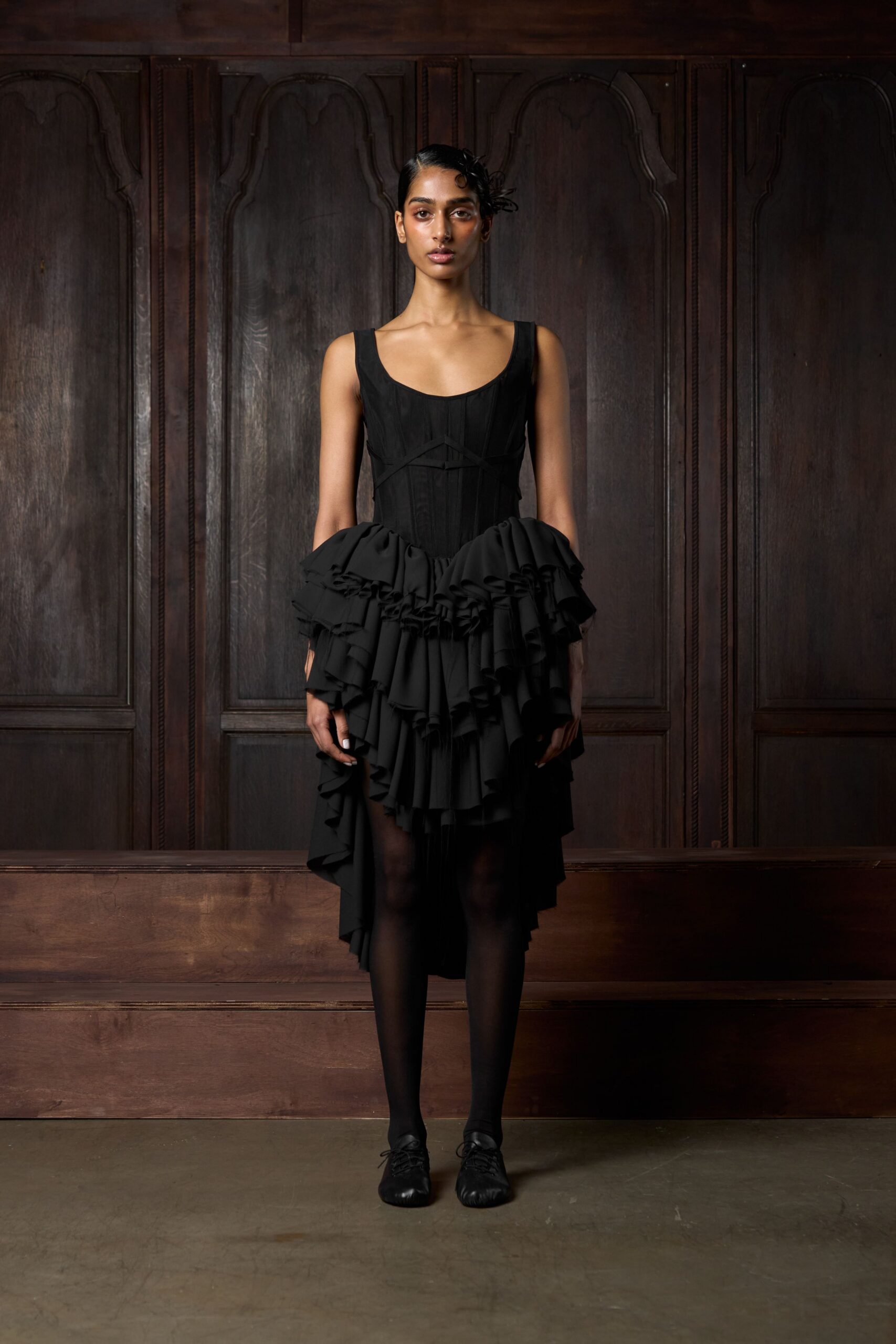 black ruffled midi dress with shoes