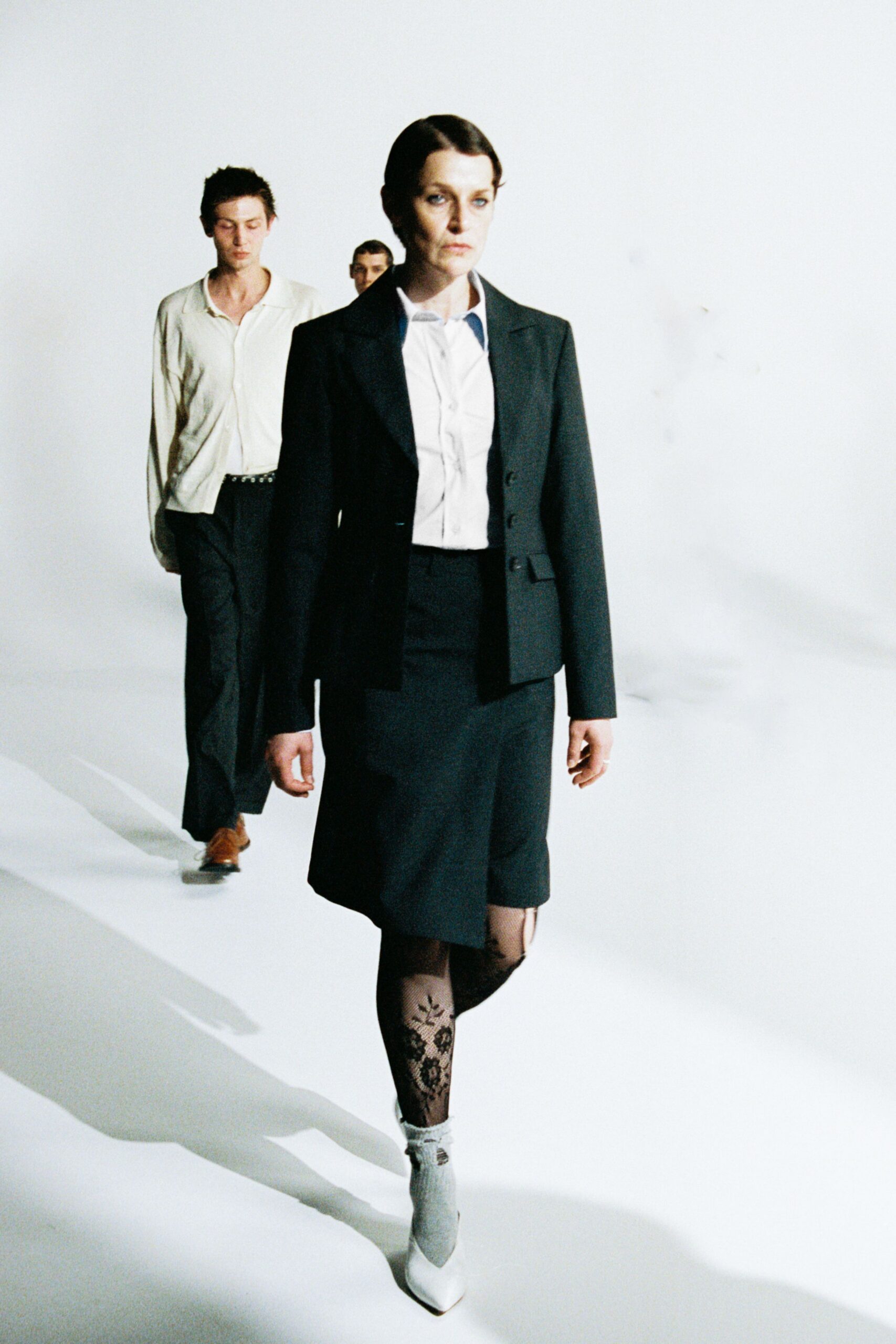 black blazer white shirt black skirt