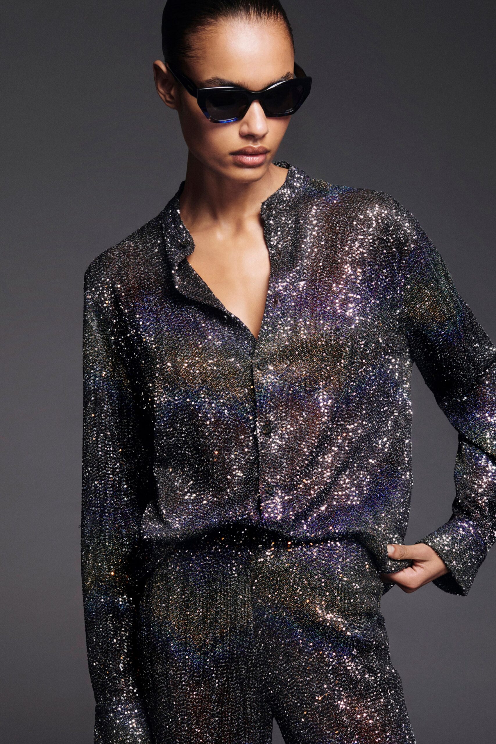 black sequin fitted straight-leg textured shiny pants