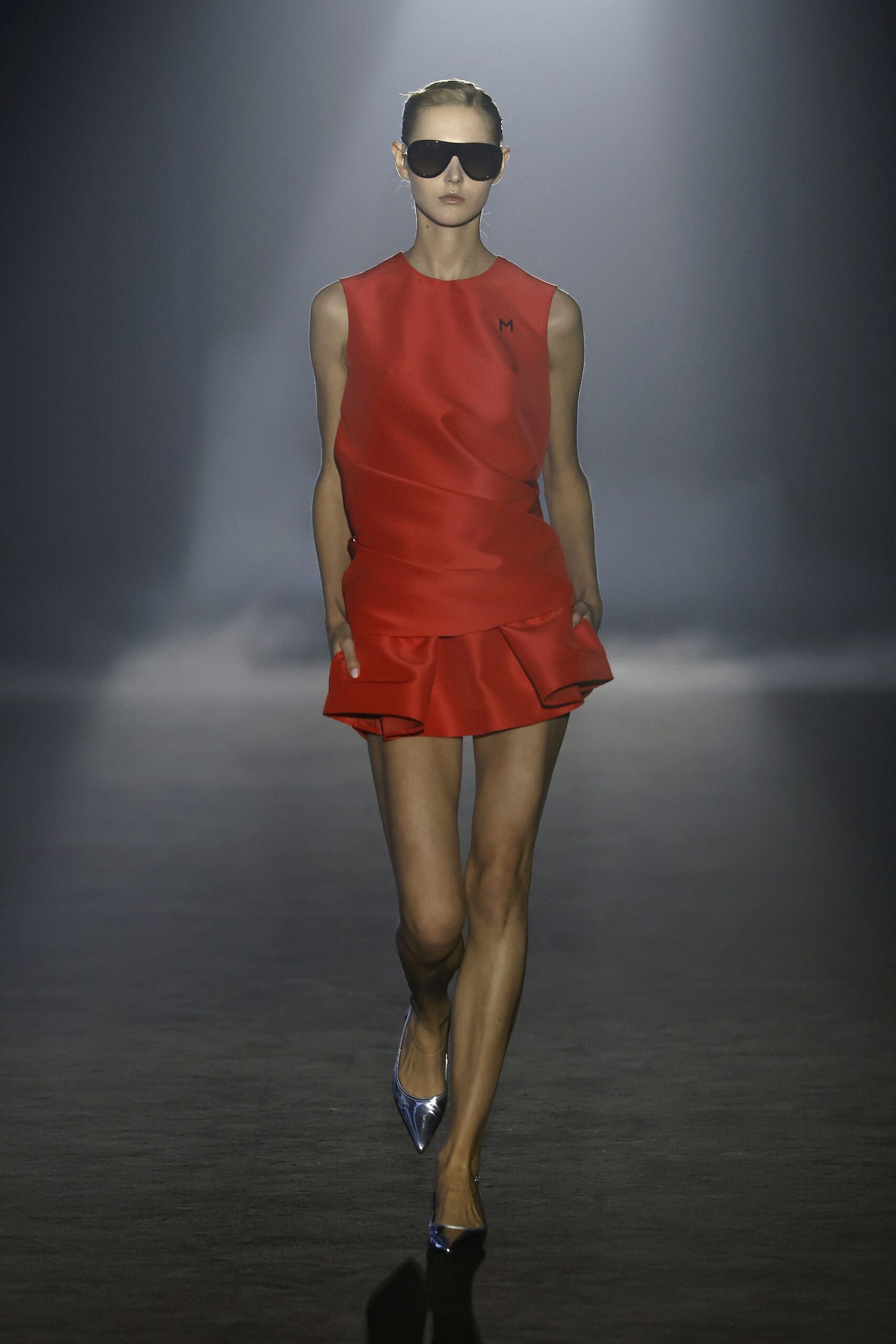 red silk sleeveless collared fitted pleated mini dress