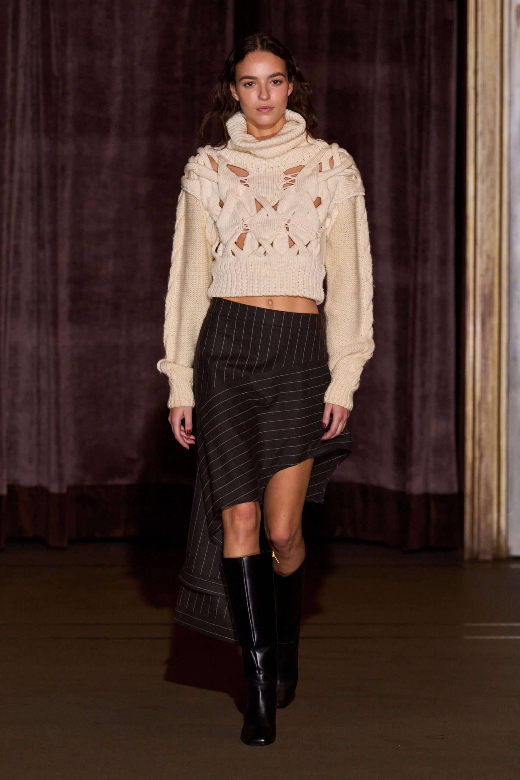 beige wool long-sleeve high-neck fitted cropped sweater
