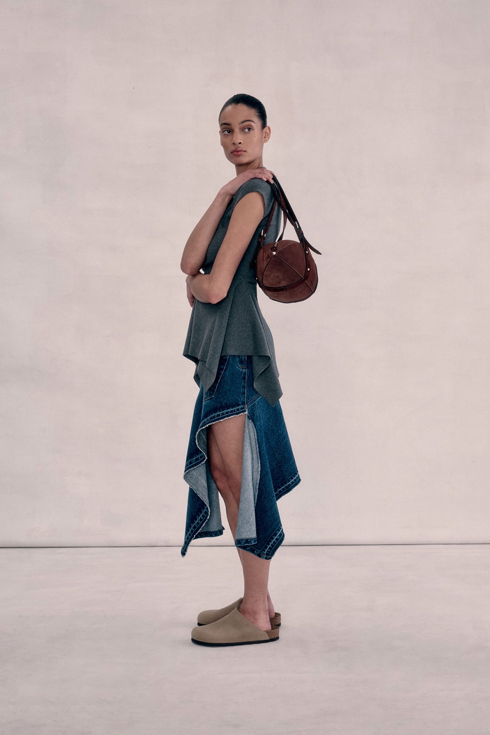 gray cotton sleeveless high-neck relaxed draped top