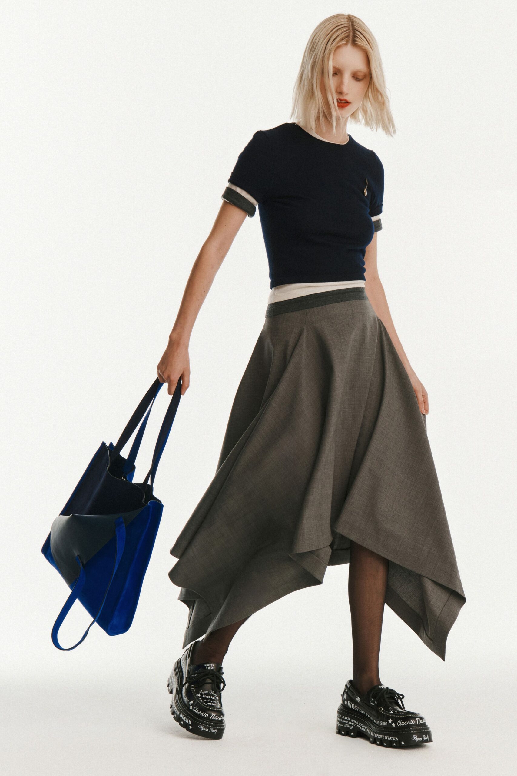 navy top gray asymmetric skirt