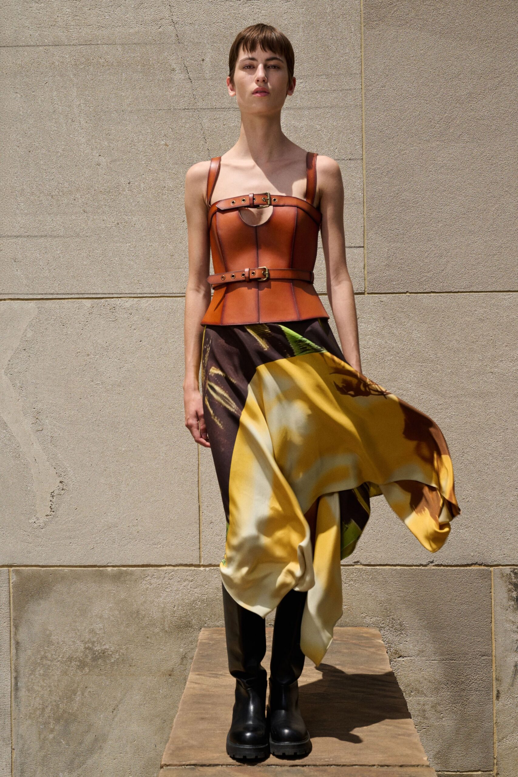 orange silk fitted top with draped skirt