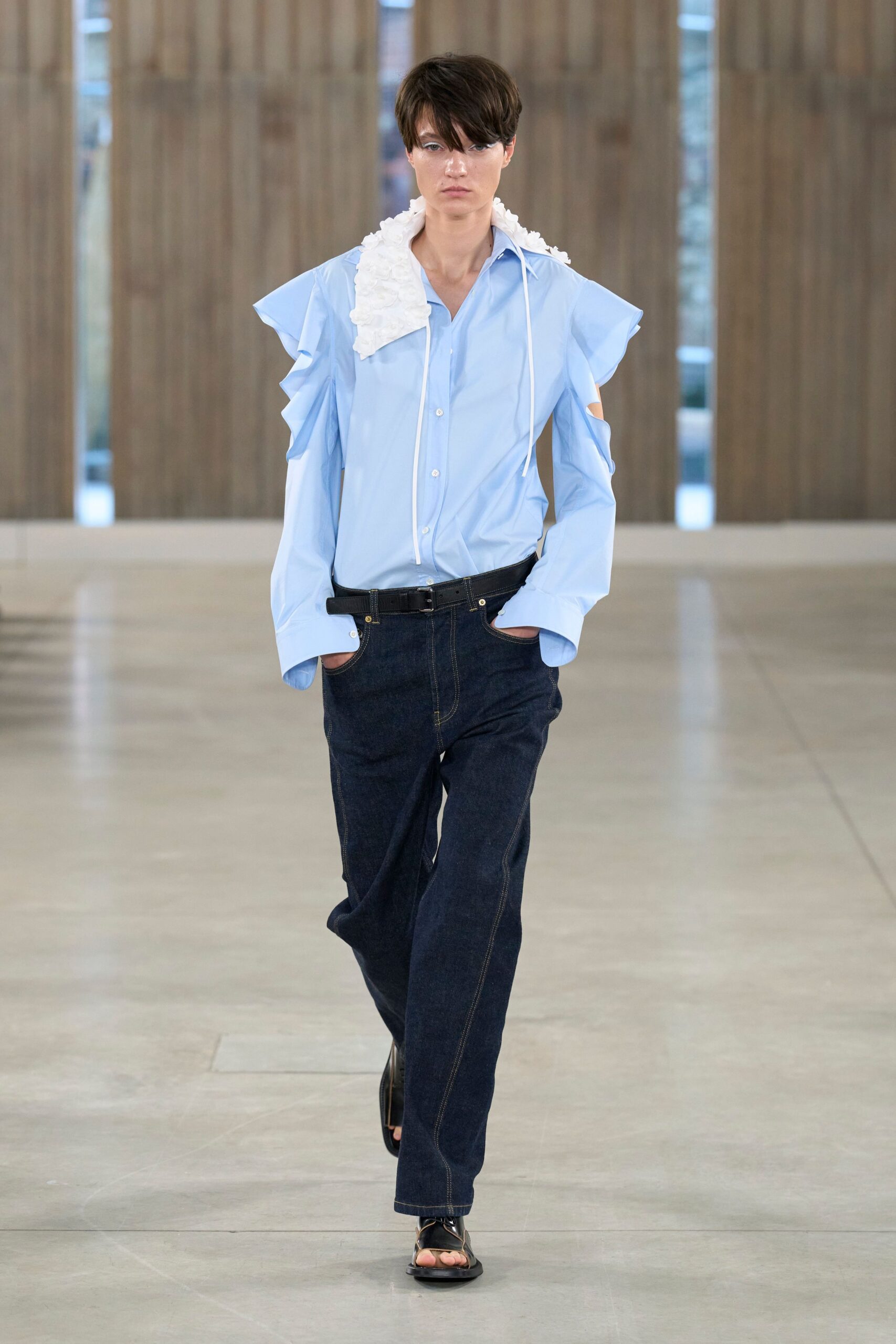 blue cotton long-sleeve collared relaxed ruffled shirt