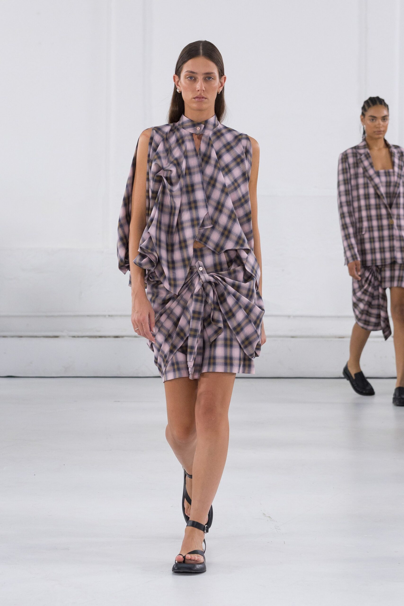 pink cotton sleeveless collared fitted checked ruffled dress