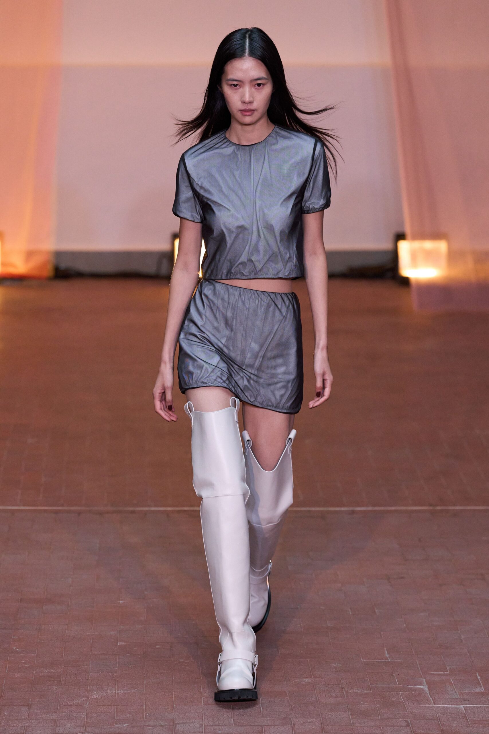 gray metallic asymmetric fitted pleated shiny mini skirt