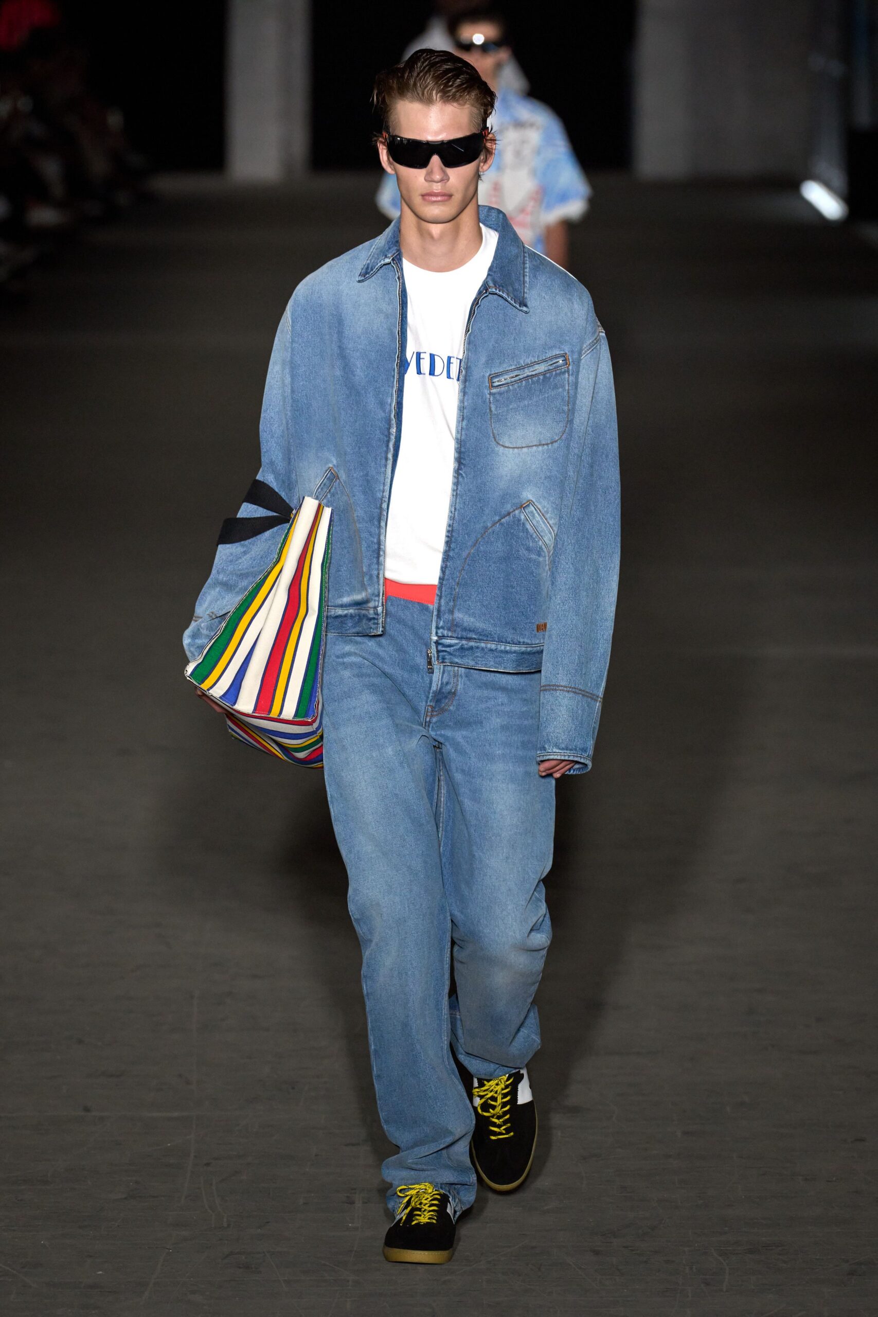 blue denim long-sleeve collared oversized jacket