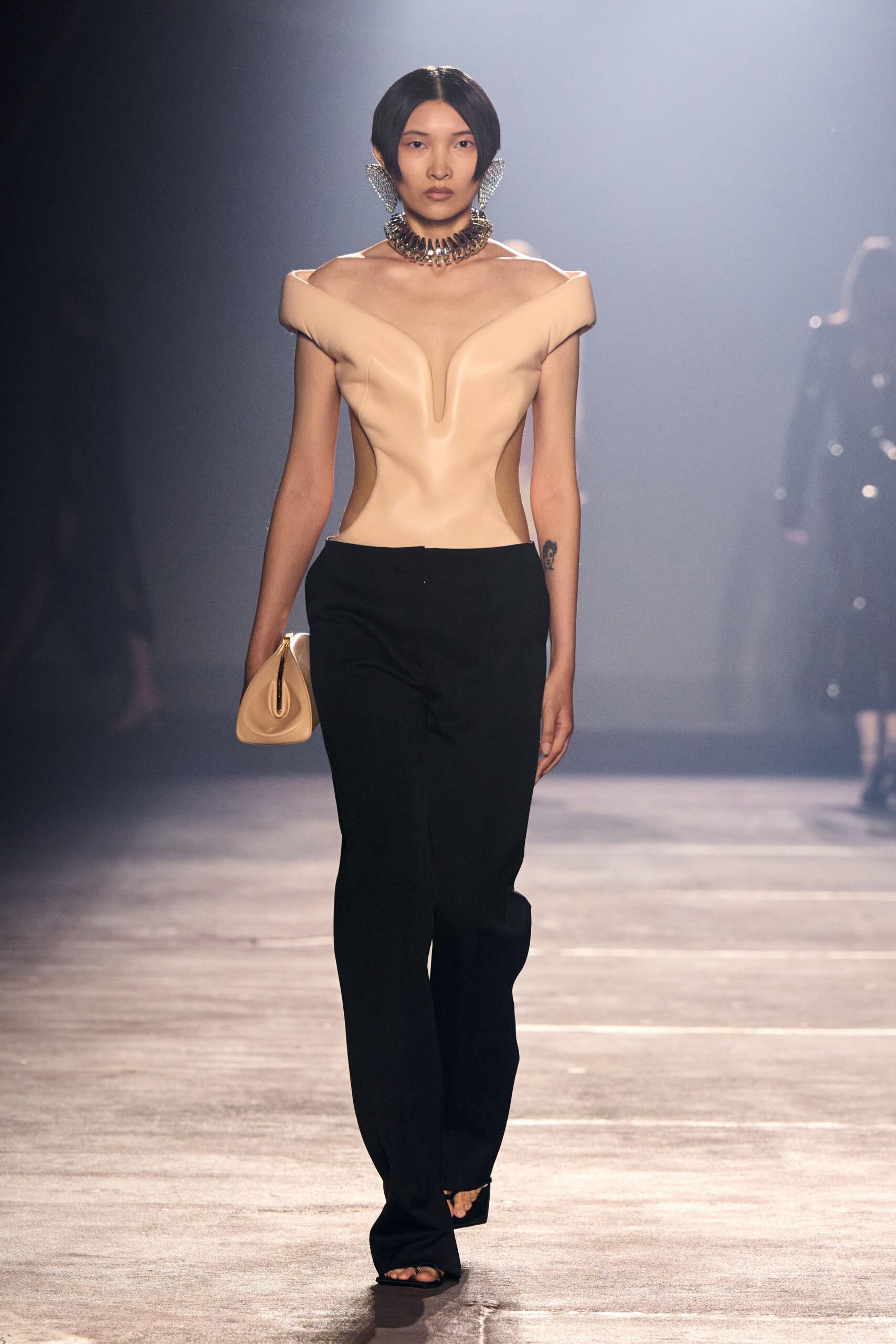 beige silk short-sleeve off-shoulder fitted structured top