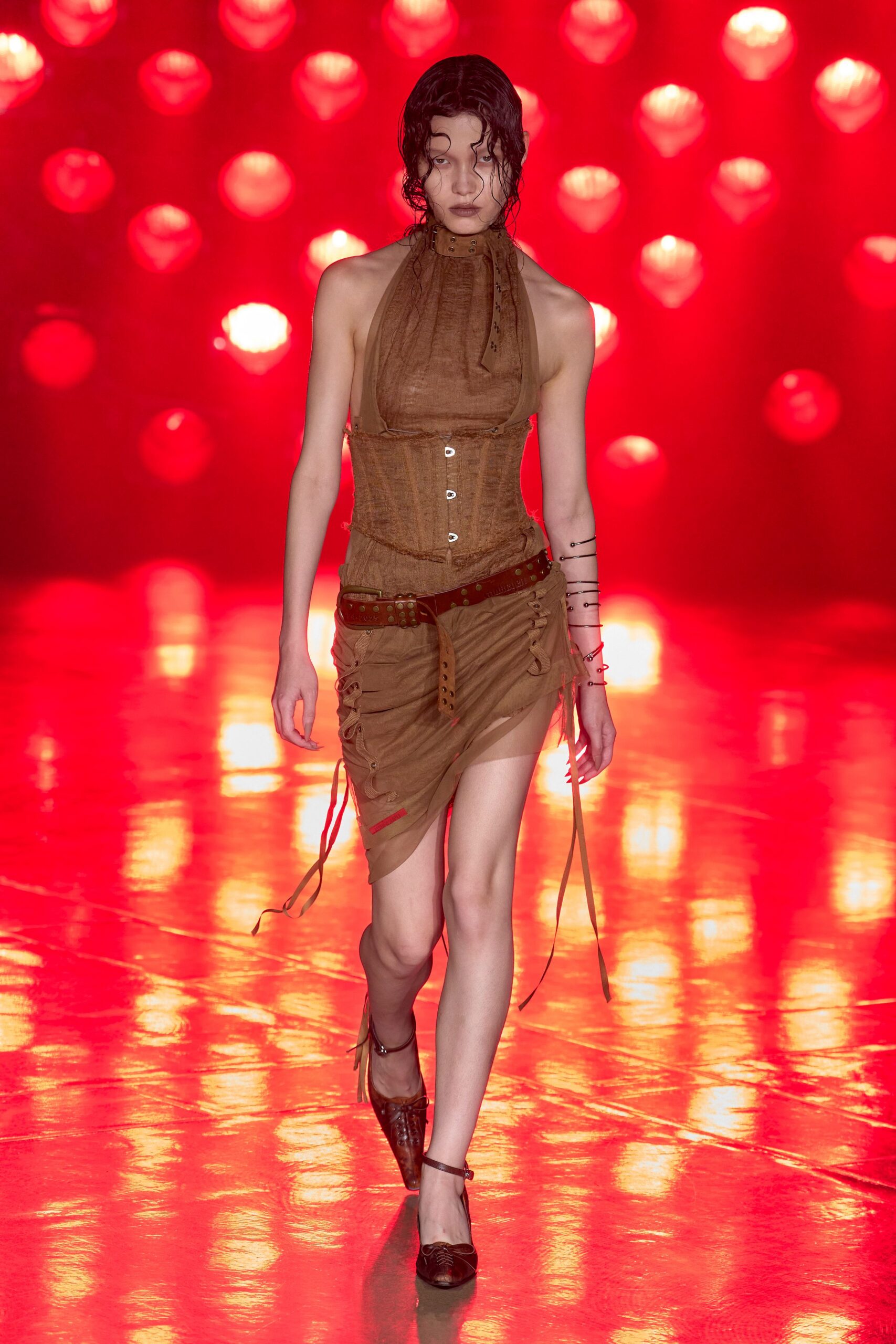brown cotton sleeveless high-neck fitted ruched zippered dress