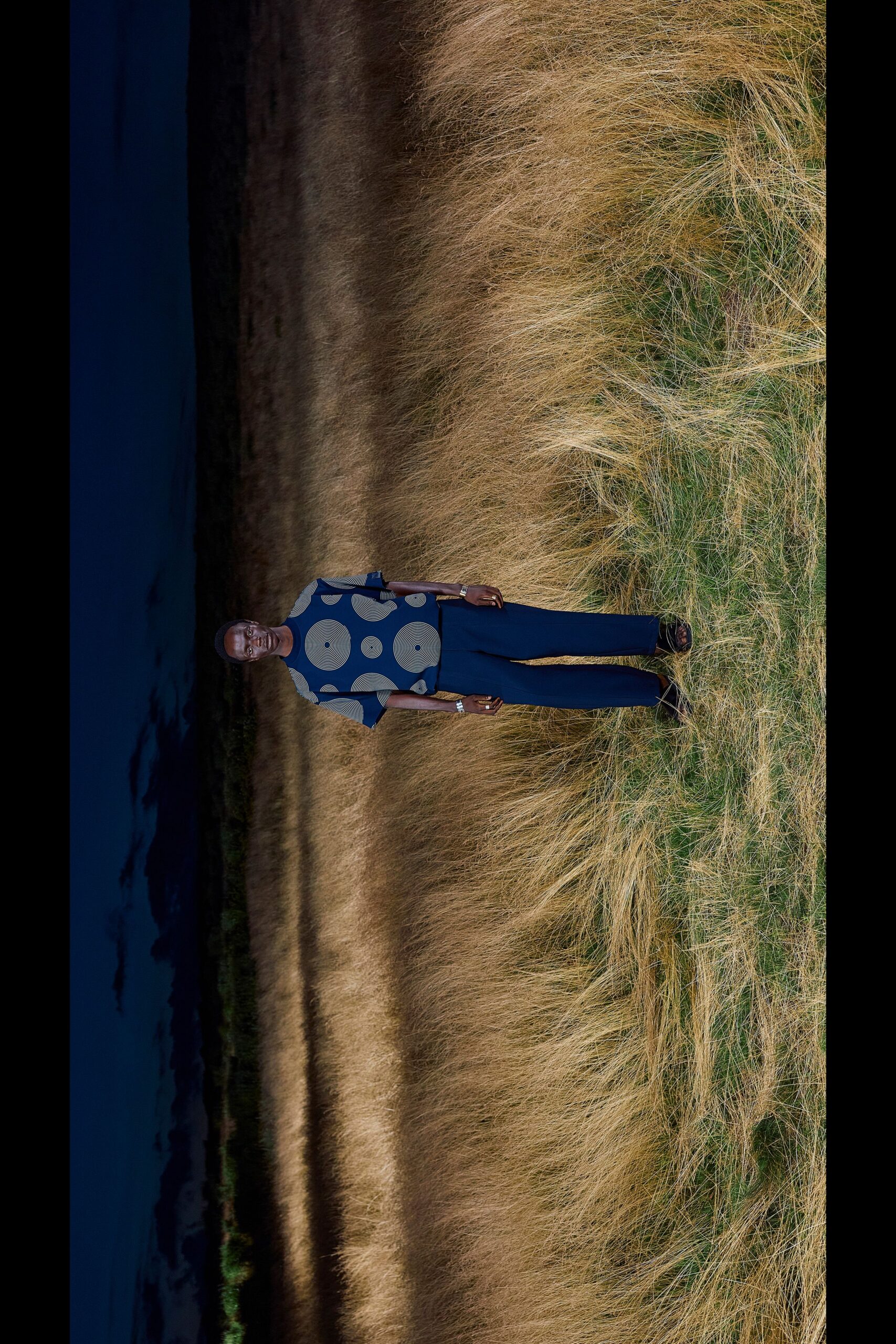 blue printed shirt with navy pants