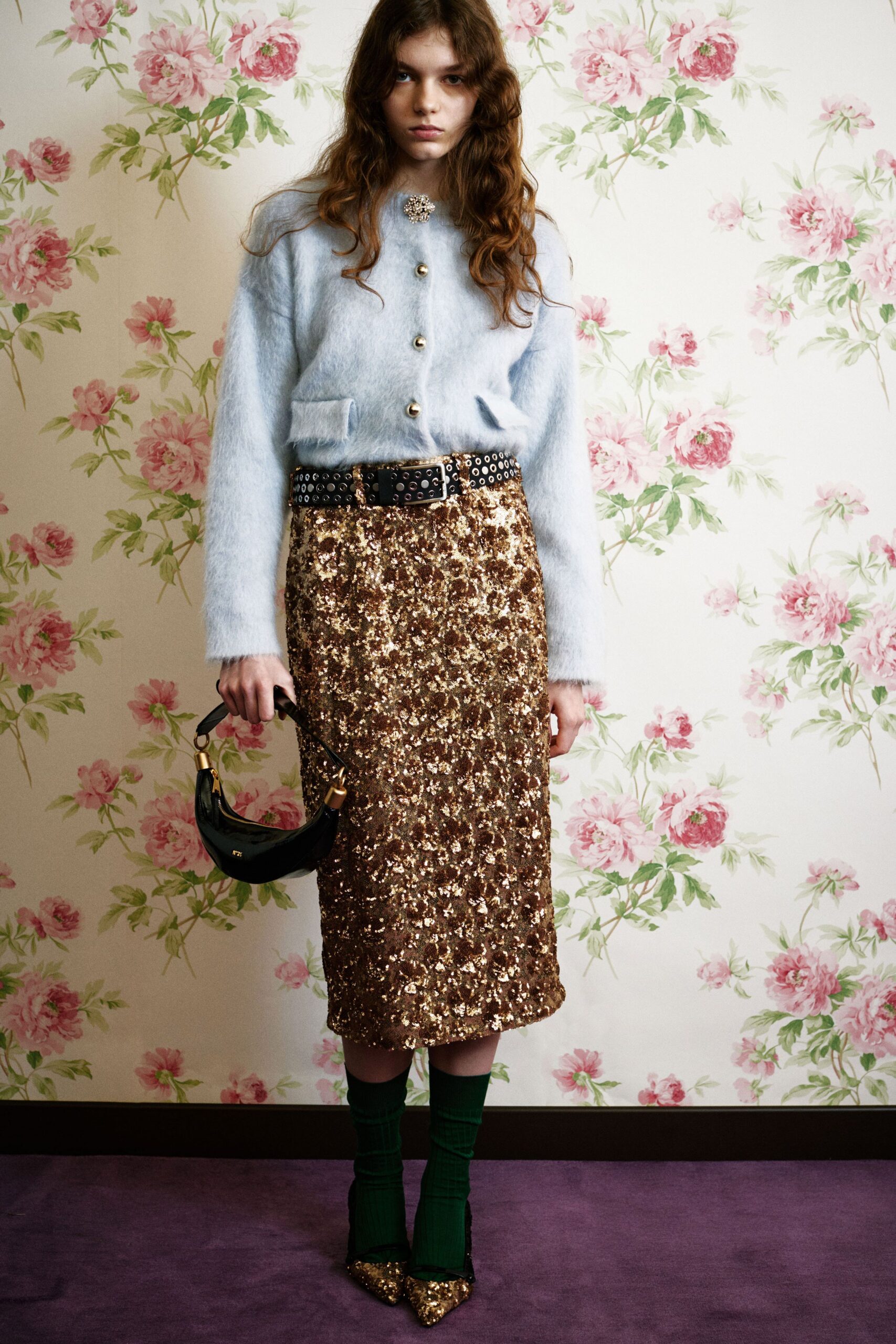 blue wool cardigan with sequined skirt