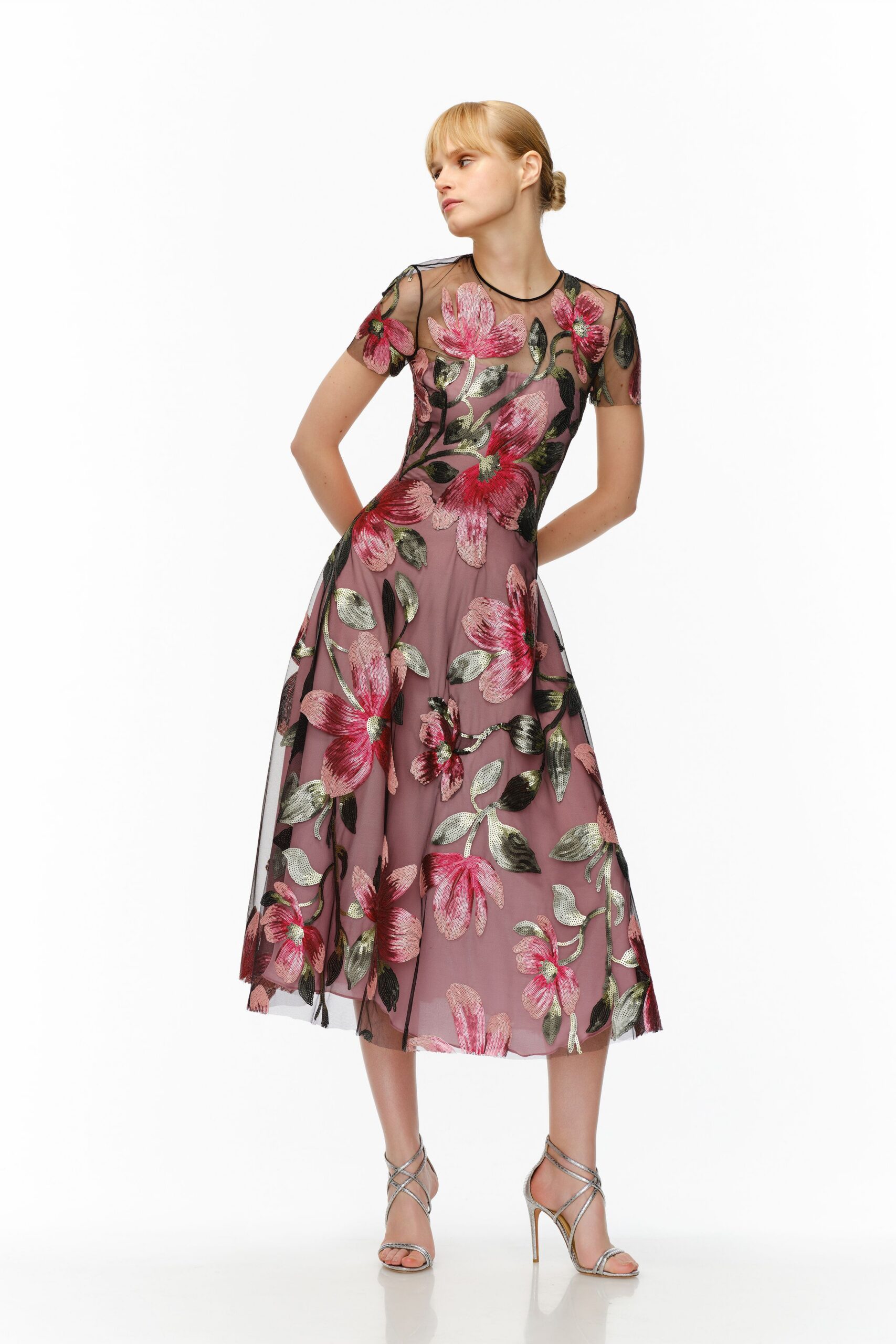 pink chiffon short-sleeve collared fitted floral layered dress