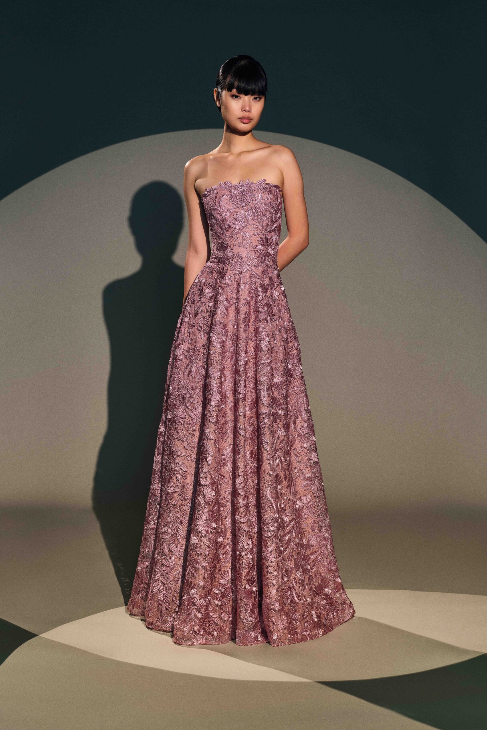 purple lace strapless gown