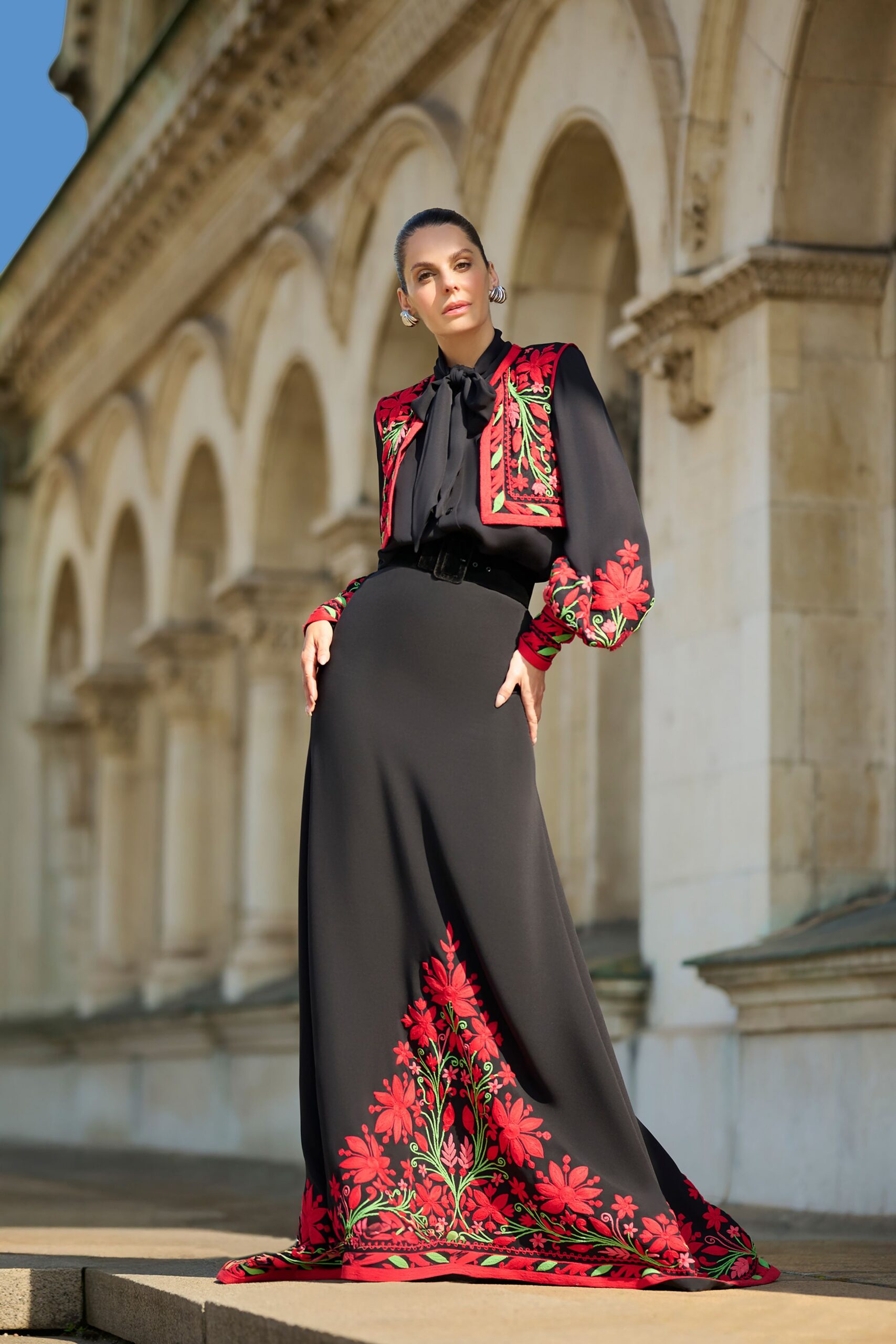 black embroidered gown with jacket