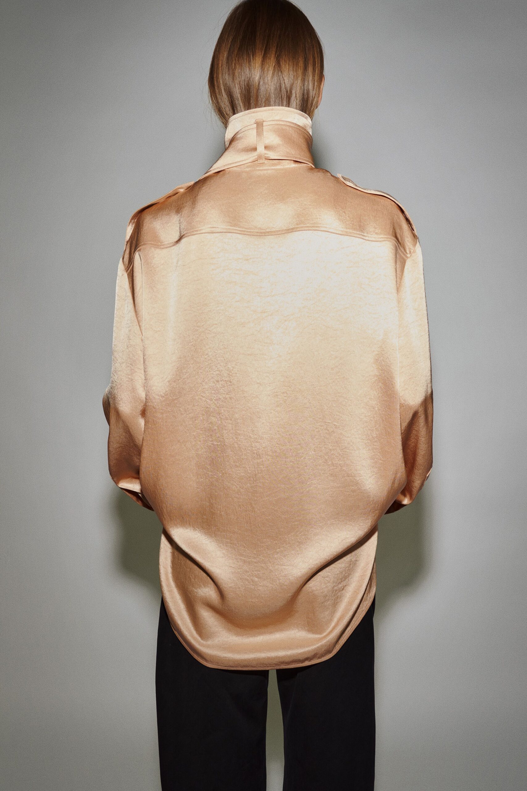 beige silk long-sleeve collared oversized shiny shirt