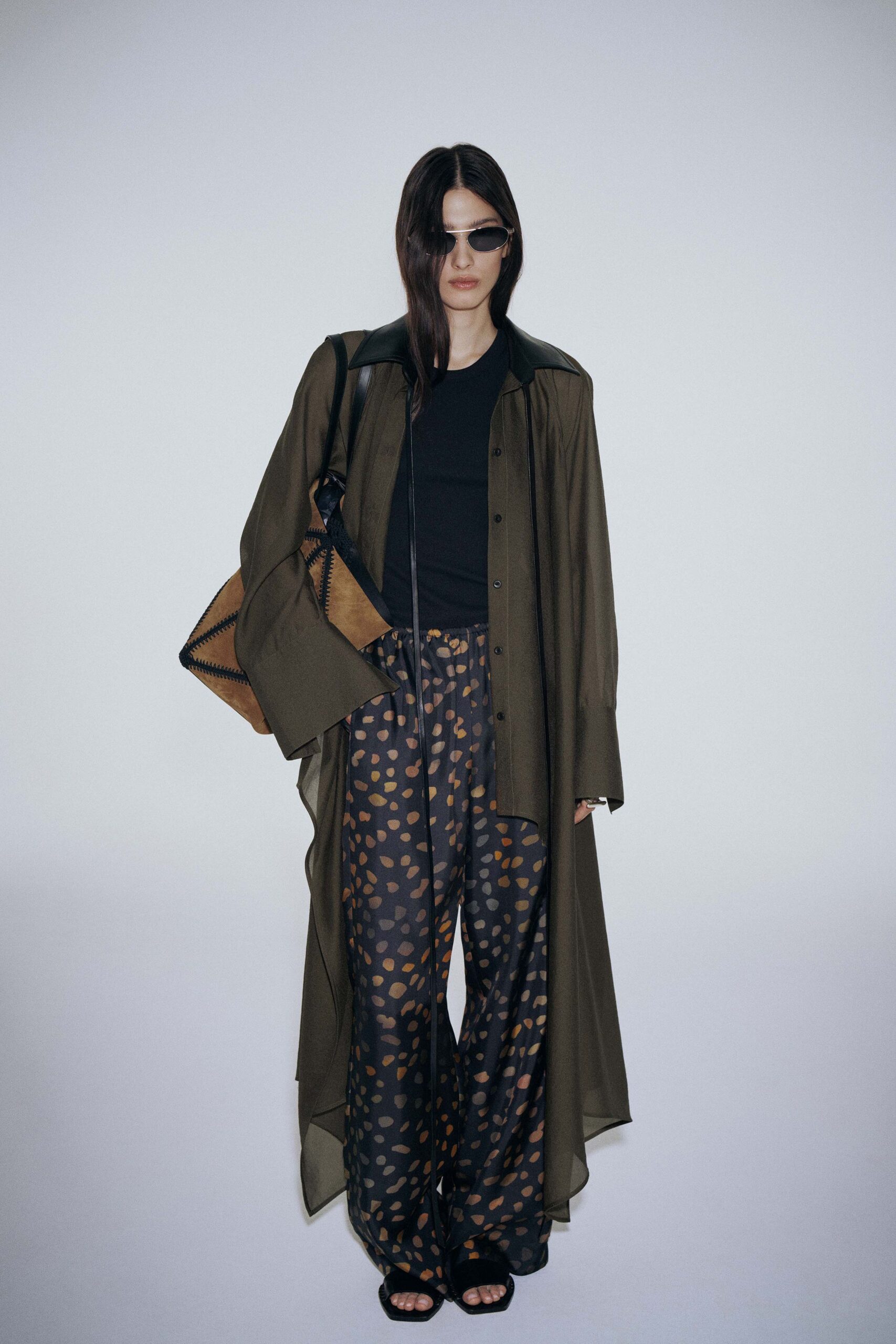 brown silk relaxed wide-leg printed pants