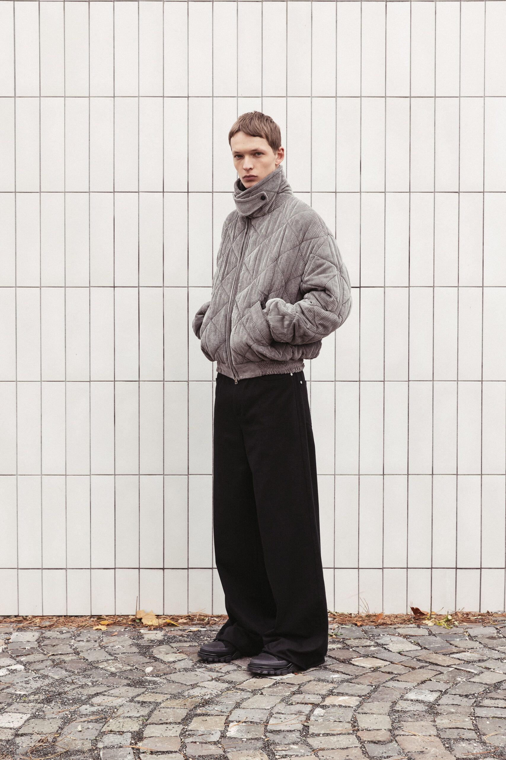 gray wool long-sleeve high-neck relaxed quilted jacket