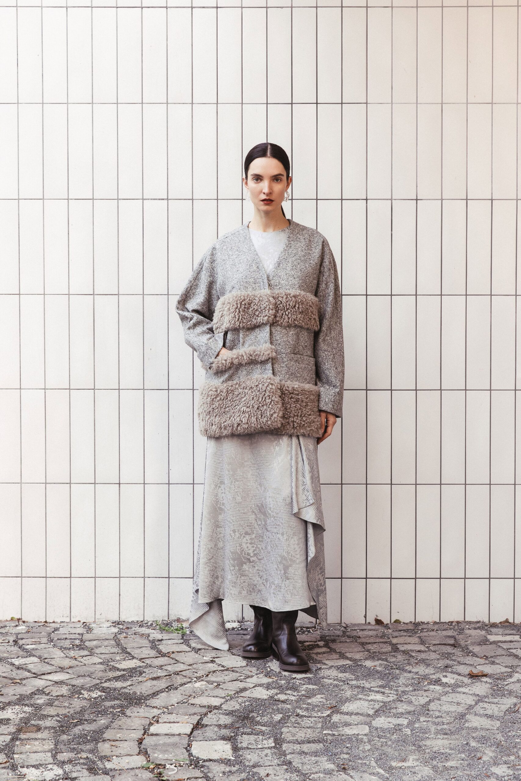 gray wool coat silver dress