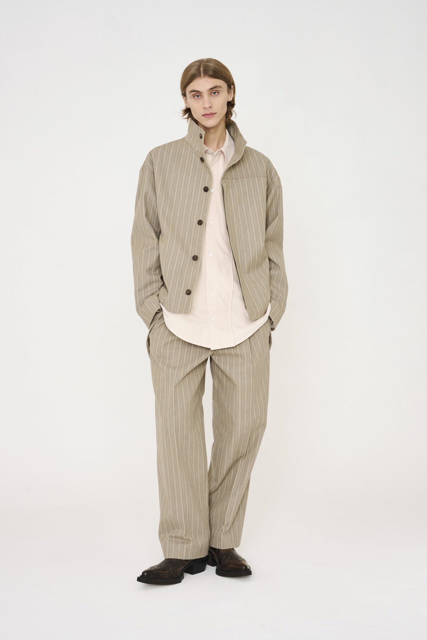 beige striped jacket with pink shirt