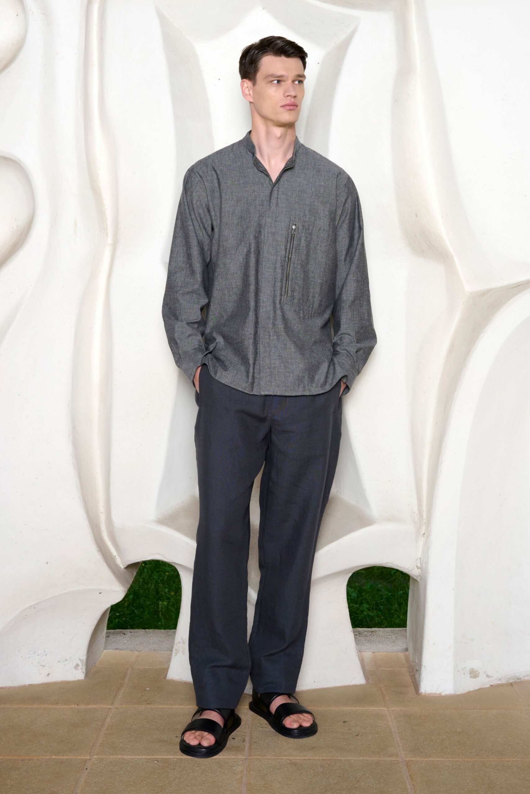 gray relaxed shirt with blue pants