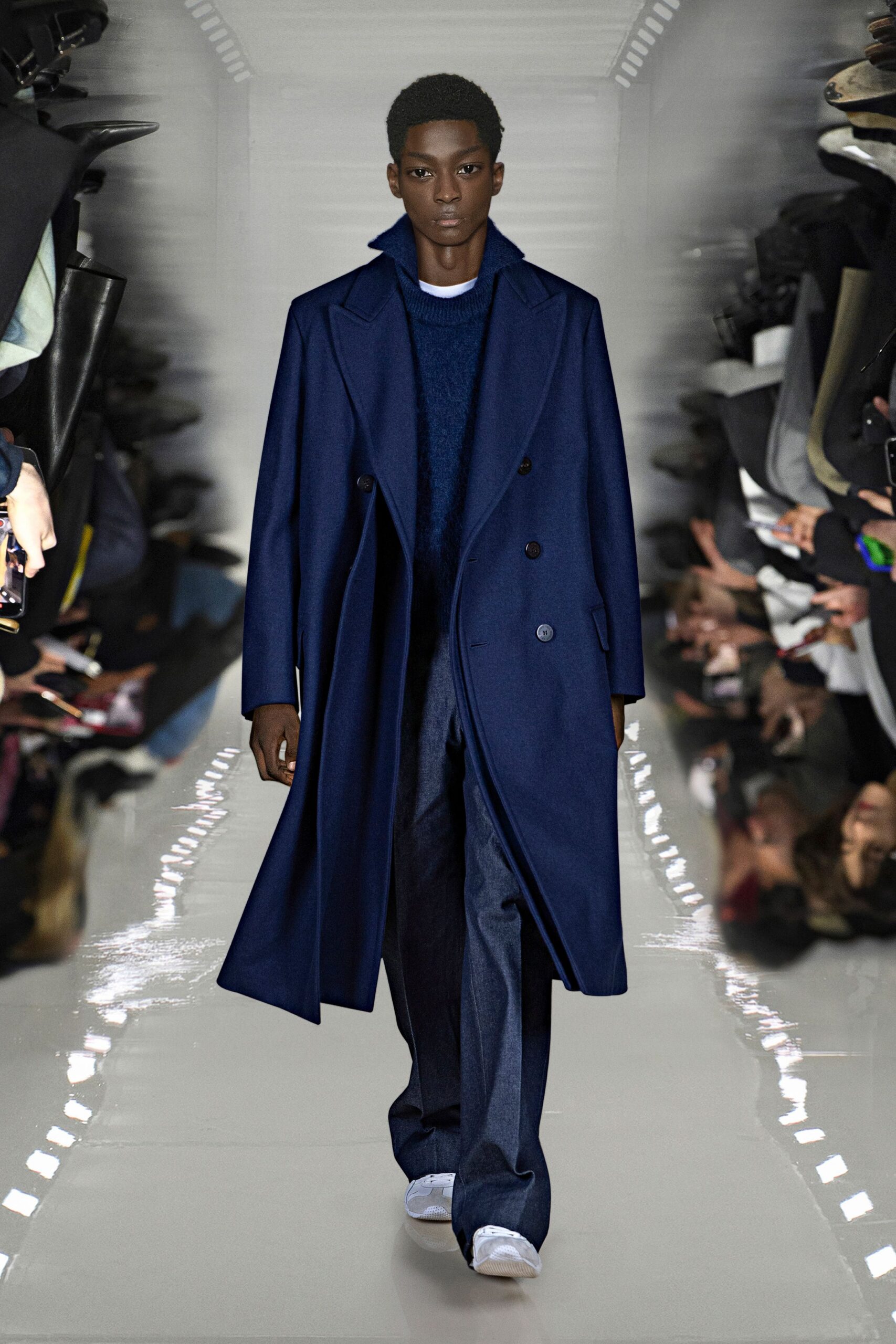 blue wool long-sleeve collared structured coat