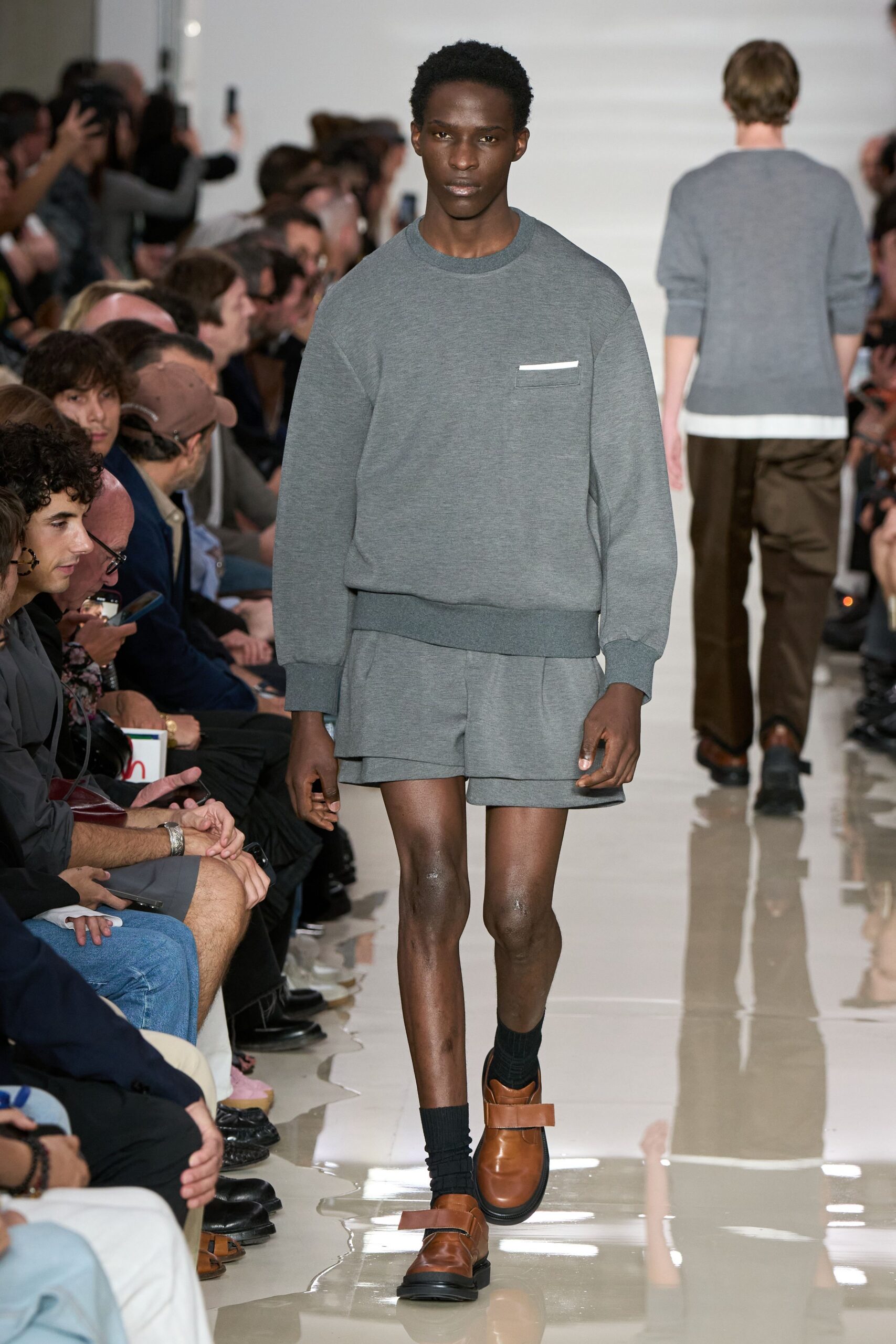 gray relaxed sweater with shorts