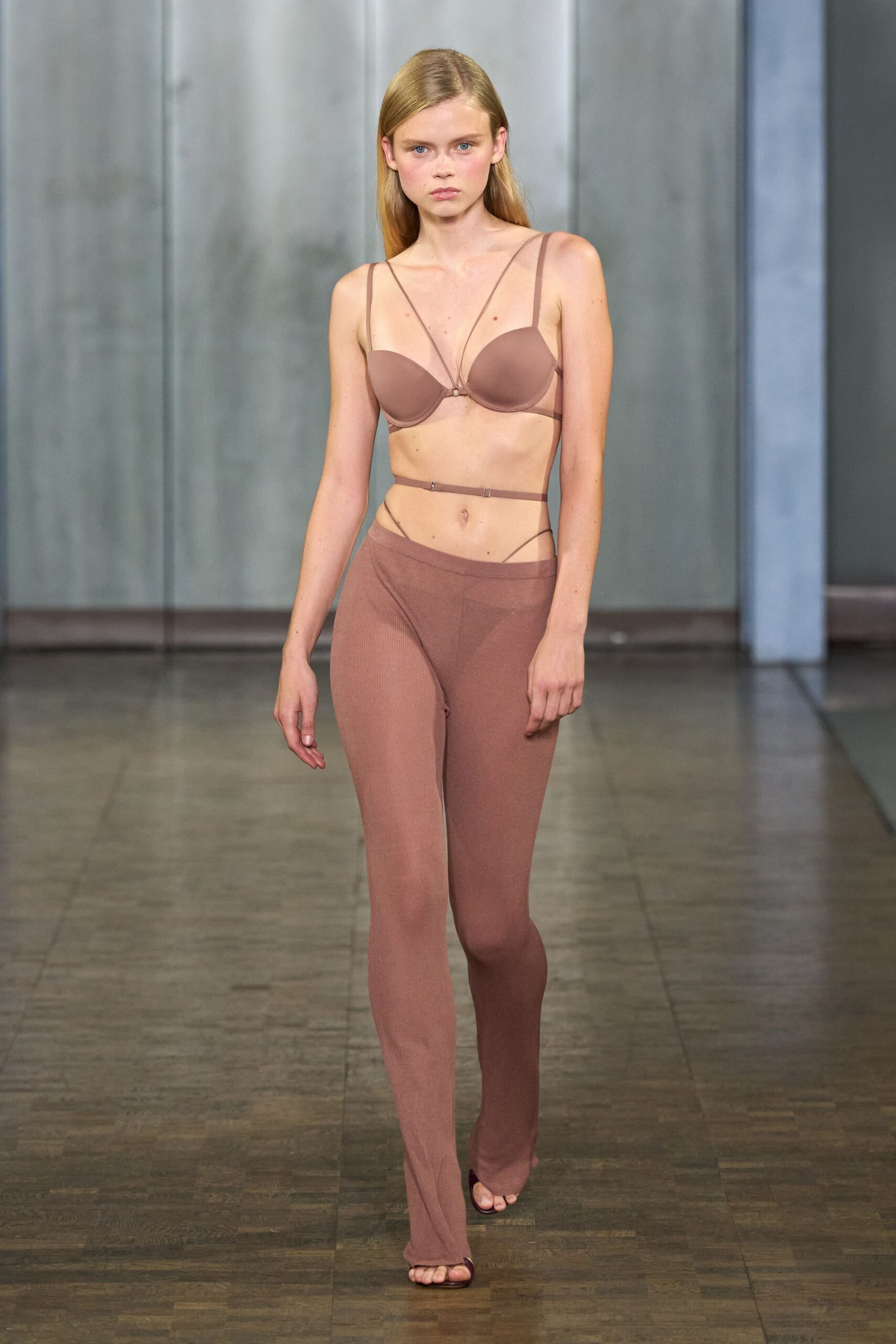 brown silk sleeveless fitted flared sheer pants